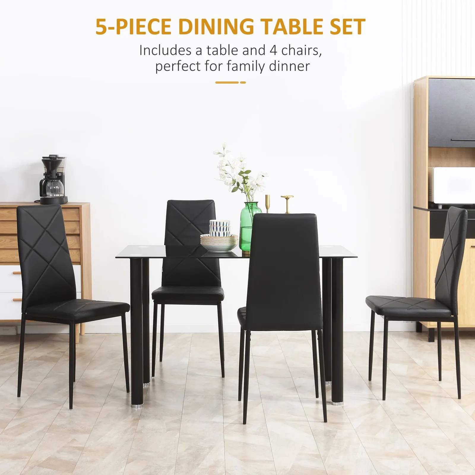 HOMCOM Dining Table & Chairs Set 4 with Padded Seat & Tempered Glass in Black 4