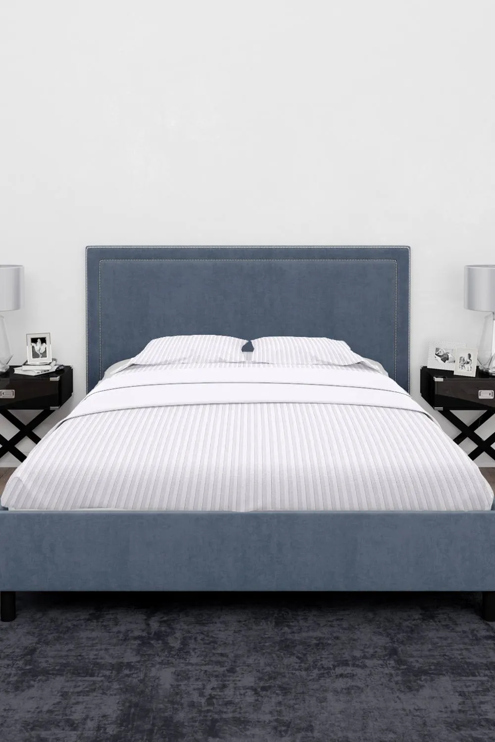 Neel Blue 300TC Cotton Fitted Sheet, White Satin Stripe, Super King, 180x200x30cm