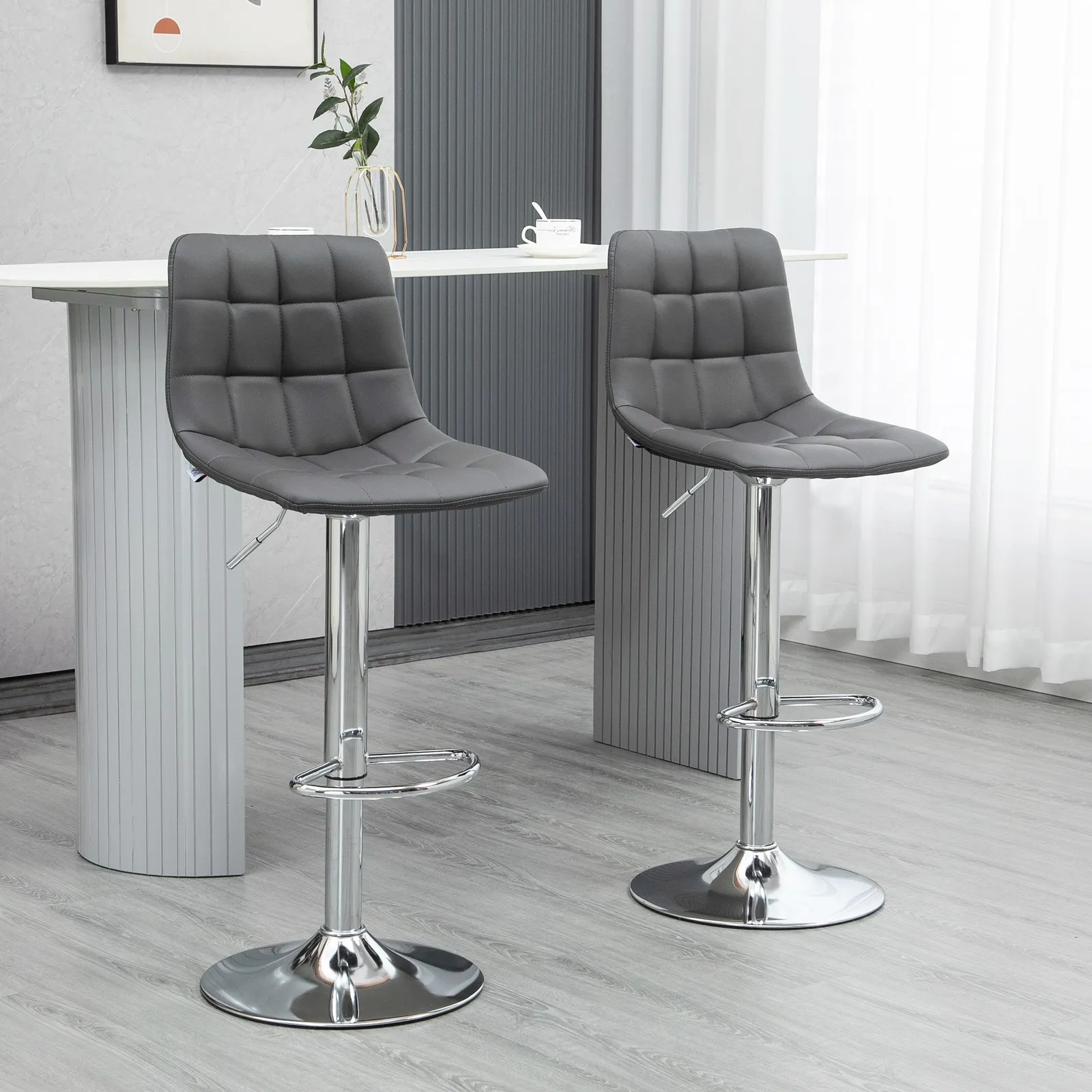 HOMCOM Stools Set of 2 Adjustable Breakfast Dining Stools for Home Kitchen in Grey 1