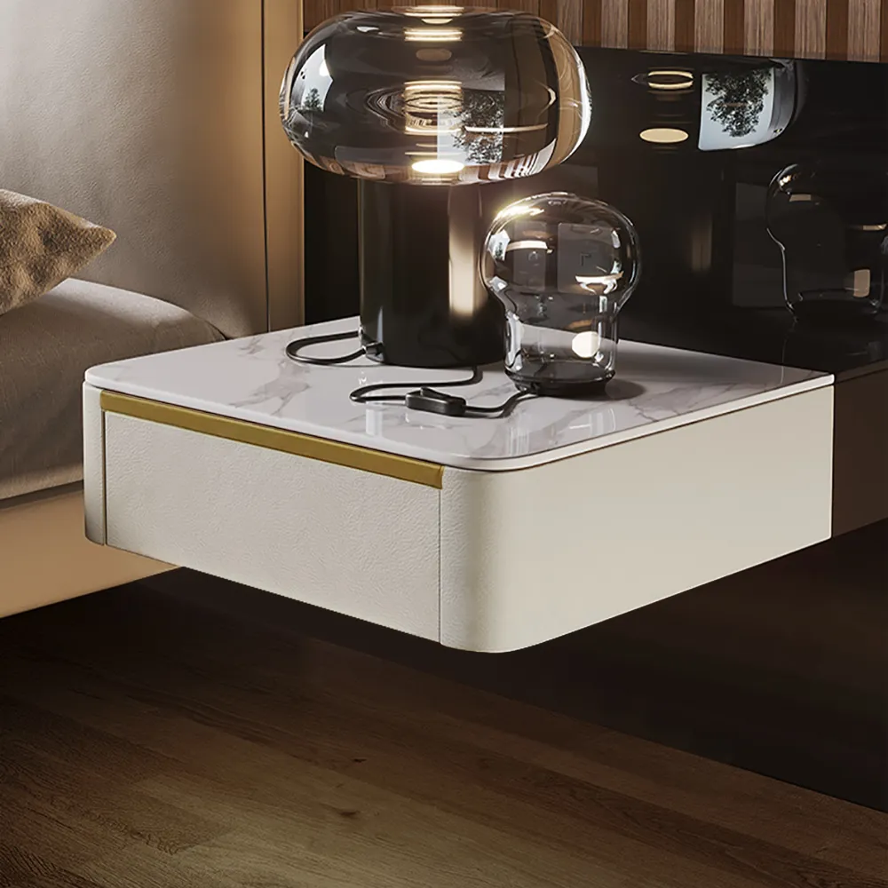 Modern White Floating Nightstand 1 Drawer Bedside Table with Sintered Stone Top Set of 2