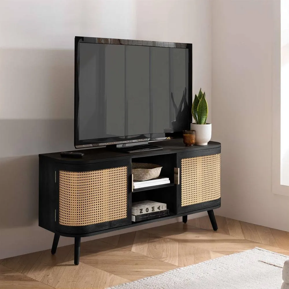 Birlea Rattan TV Entertainment Unit Curved Small Cabinet Sark in Black