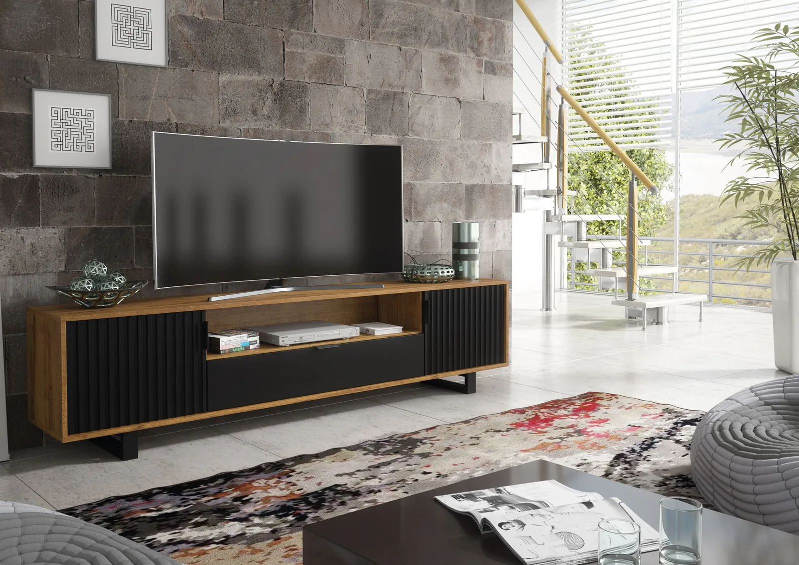 Creative Furniture Blackridge TV Unit 200cm - Dark Oak Body with Matte Black Fluted Fronts in Brown 2