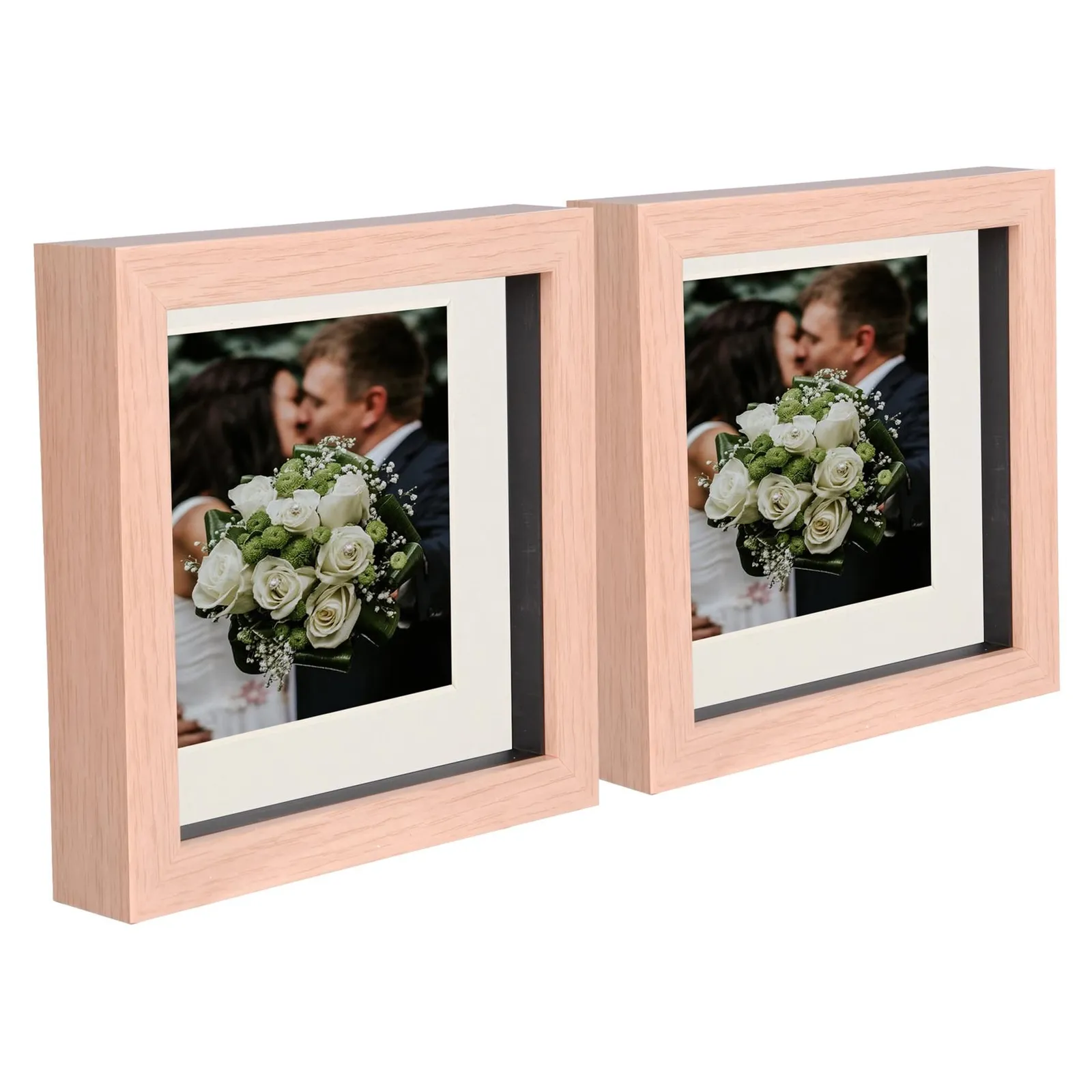 Nicola Spring 6" x 6" 3D Box Photo Frames - 4" x 4" Mount - Light Brown - Pack of 2 in Ivory