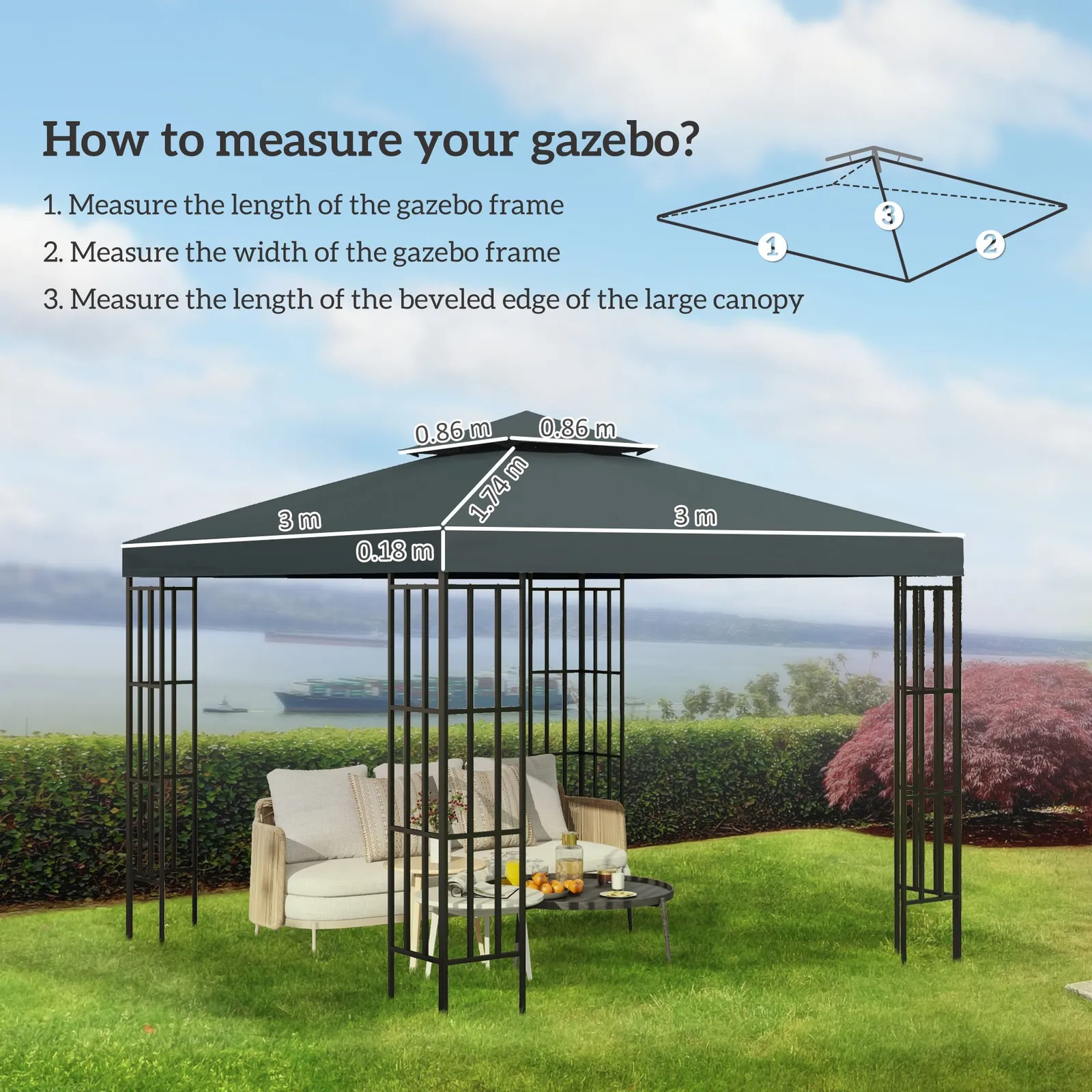 OUTSUNNY 3(m) 2 Tier Garden Gazebo Top Cover Replacement Canopy Roof in Grey 3