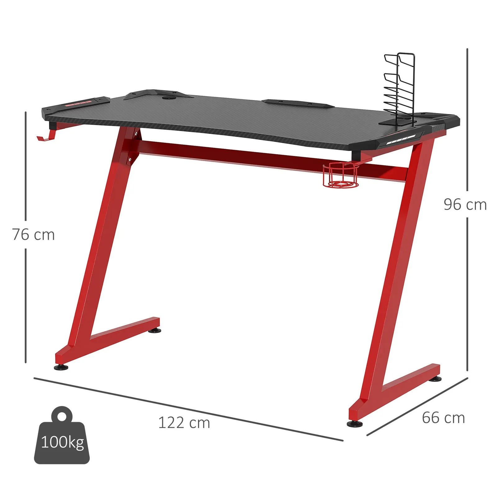 HOMCOM Gaming Desk with Gamepad Holder Cup Holder Headphone Hook in Red 3