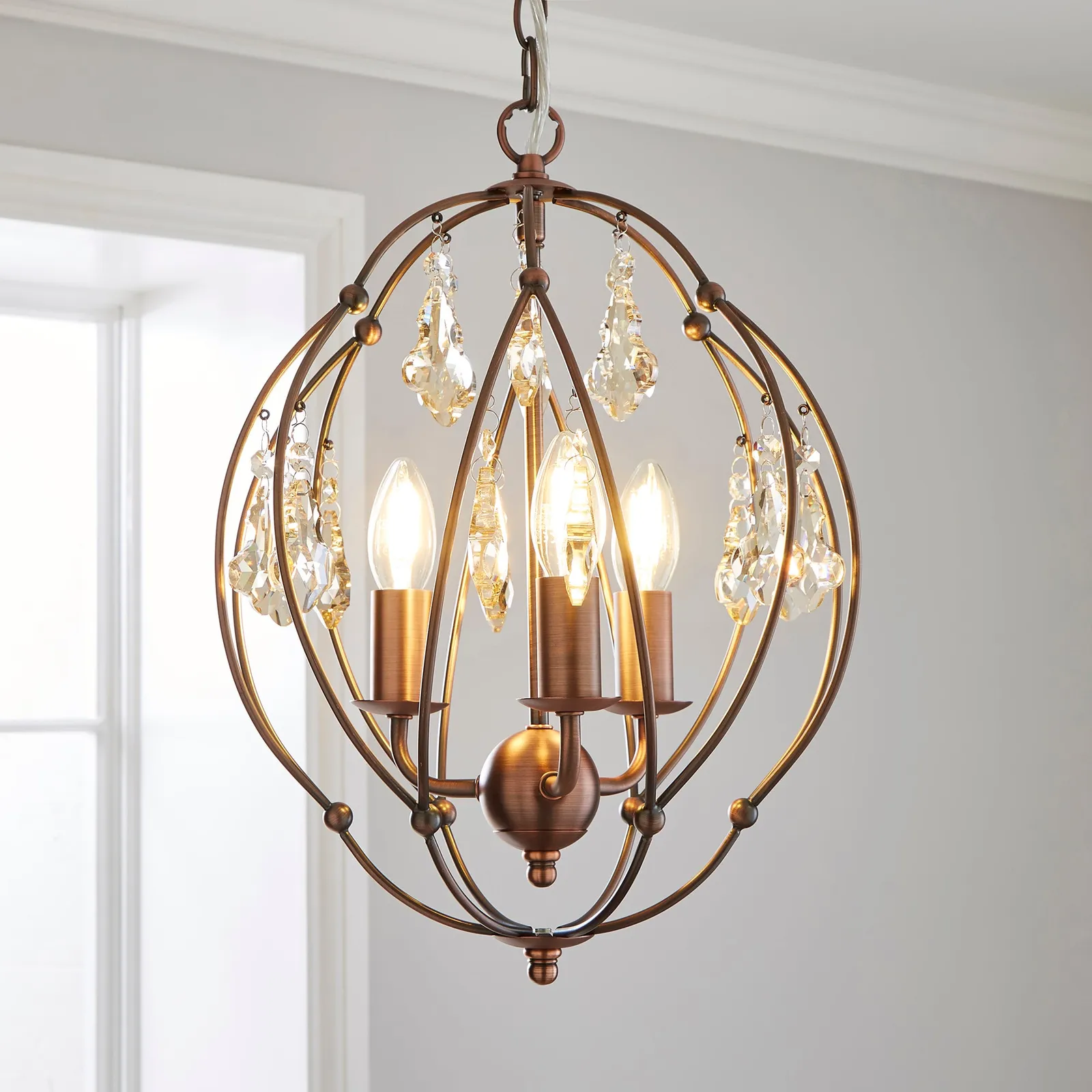 Salino Globe 3 Light Antique Copper Chandelier Antique Matt Copper, Amber