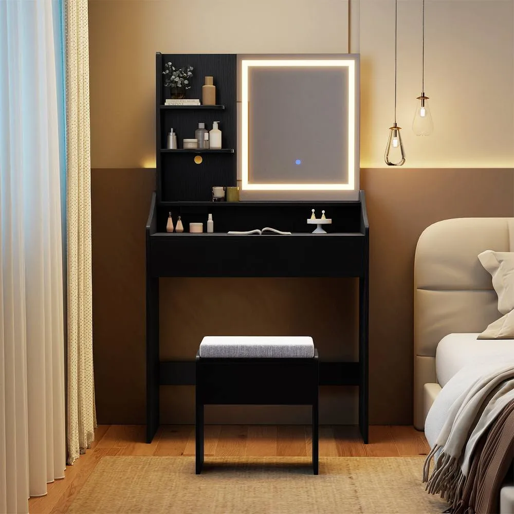 Costway Wooden Vanity Desk Set w/ Mirror & Lights Makeup Table w/Storage Stool in Black 6