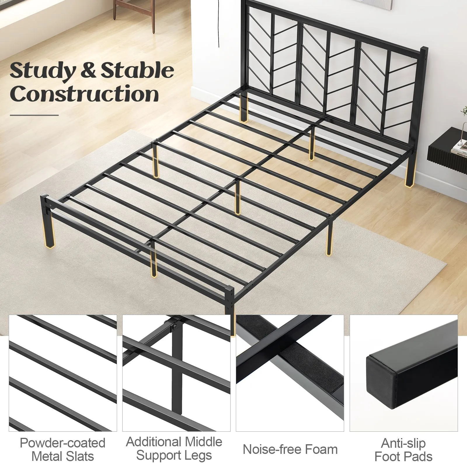 Costway Metal Platform Bed with Branch shaped Headboard Bed Frame King Size in Black 5
