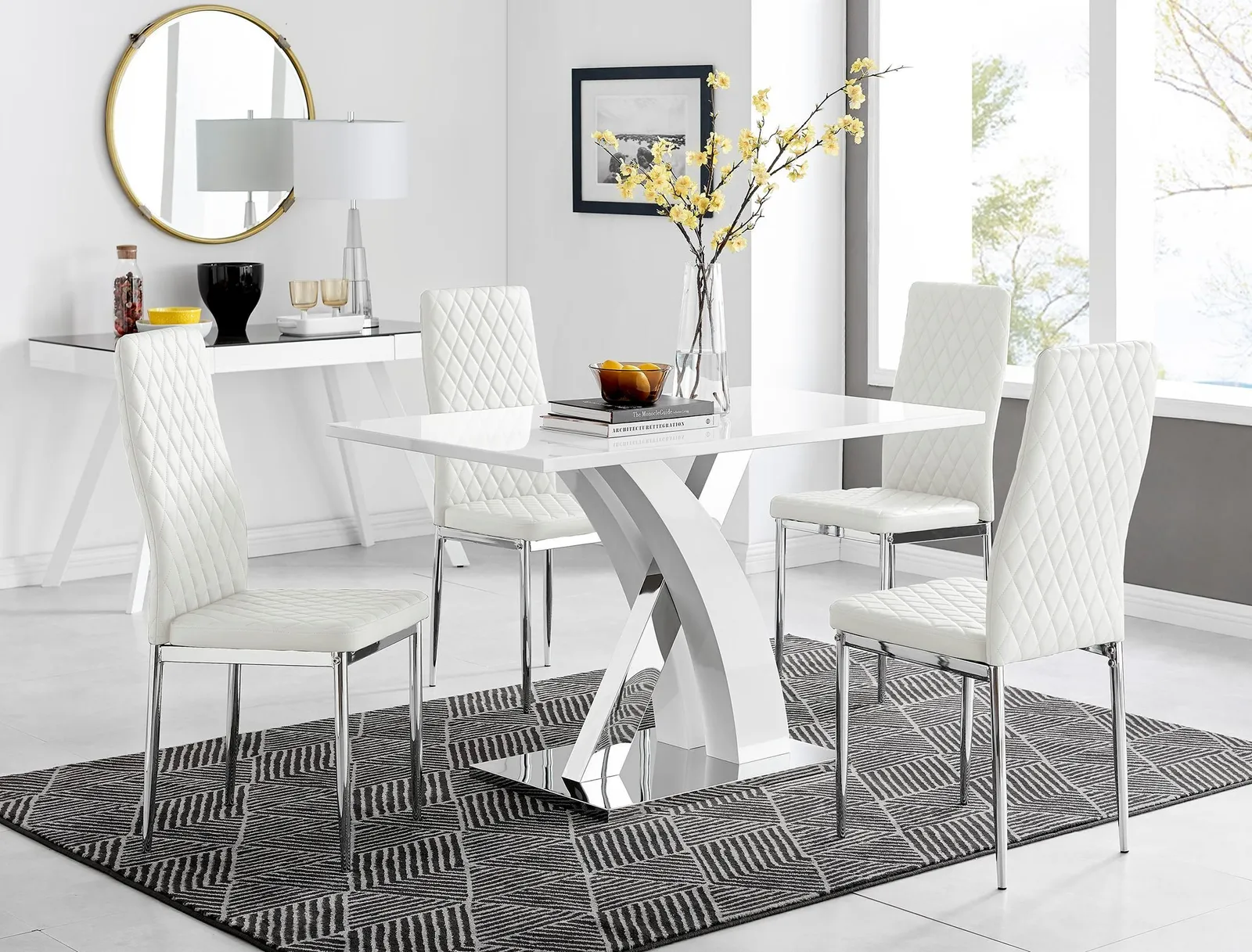 FurnitureboxUK Atlanta White High Gloss & Chrome 4 Seater Dining Table with X Shaped Legs & 4 Faux Leather Milan Chairs 1