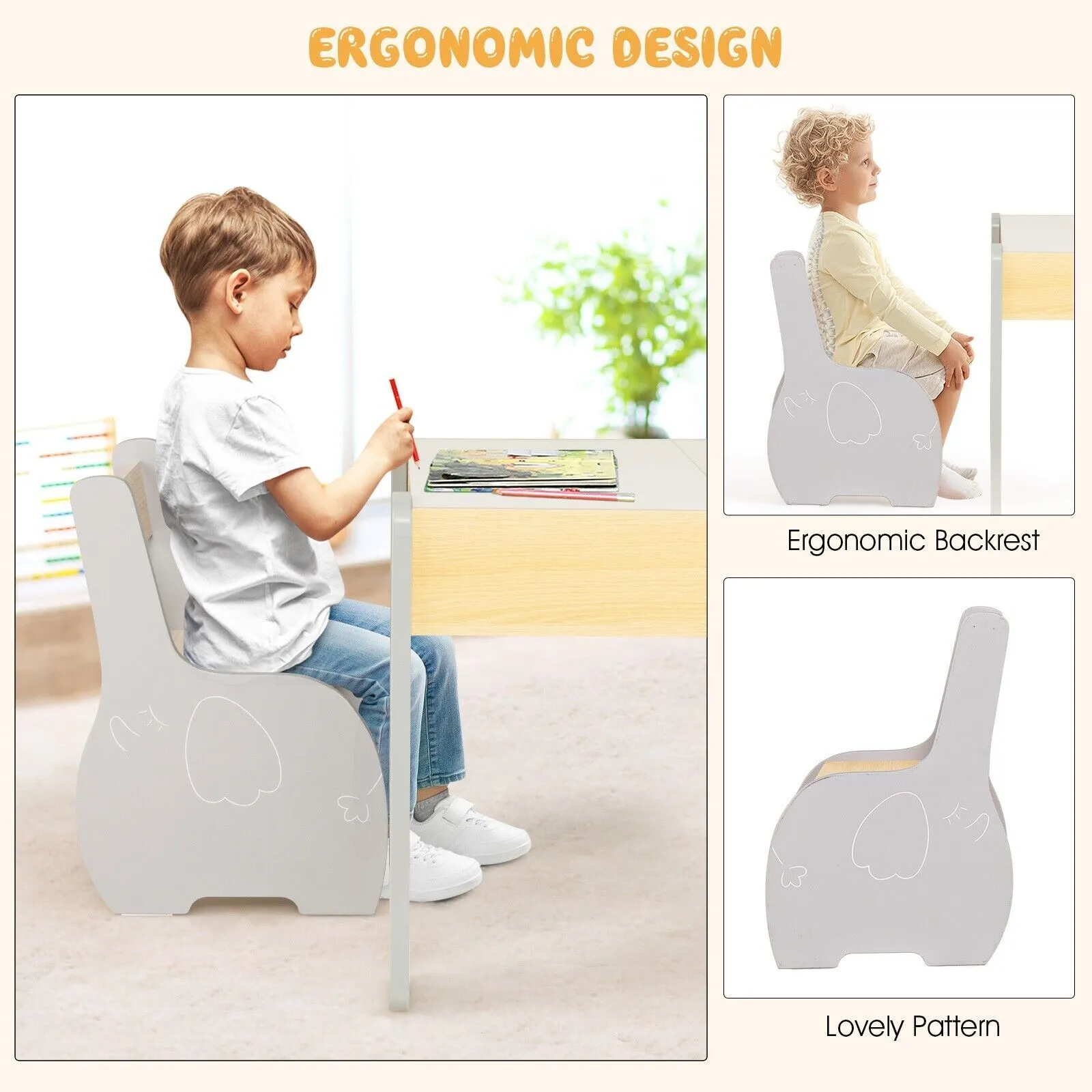 Costway 4 in 1 Activity Table & Chairs Wooden Furniture Set w/ Storage in Grey 5