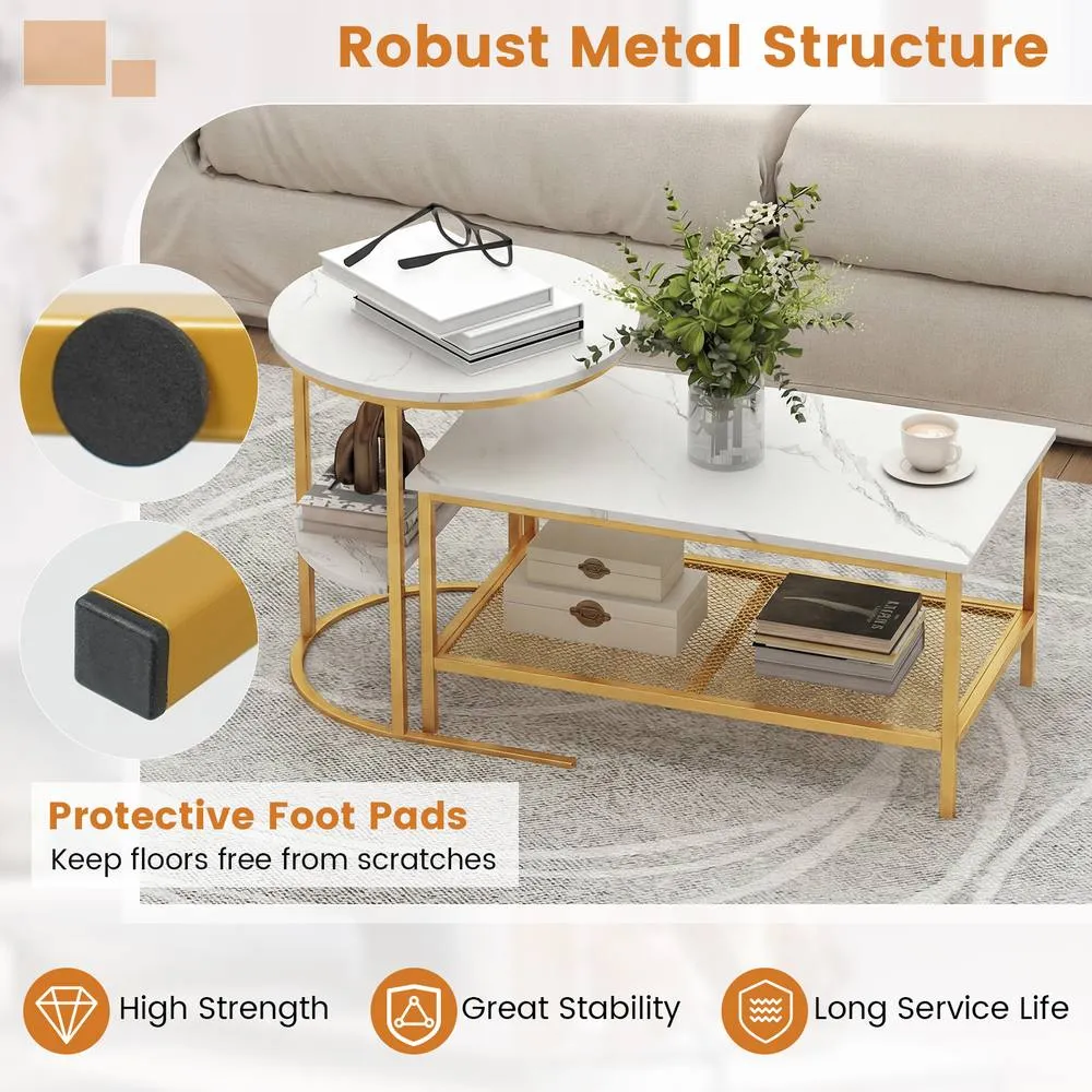 Costway 2PCS Nesting Faux Marble Coffee Table 2-in-1 Detachable Side Table Set 6