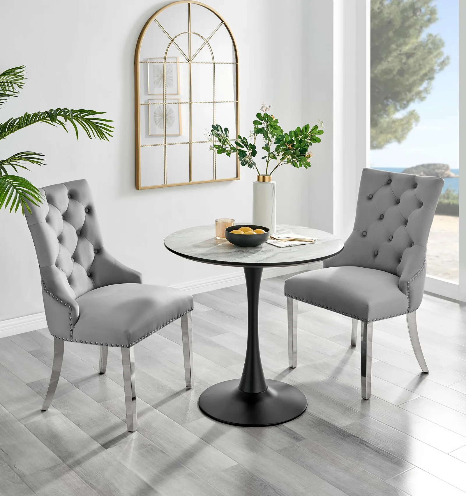 FurnitureboxUK Elina White Marble Effect Scratch Resistant Dining Table & 2 Grey Belgravia Velvet Chairs