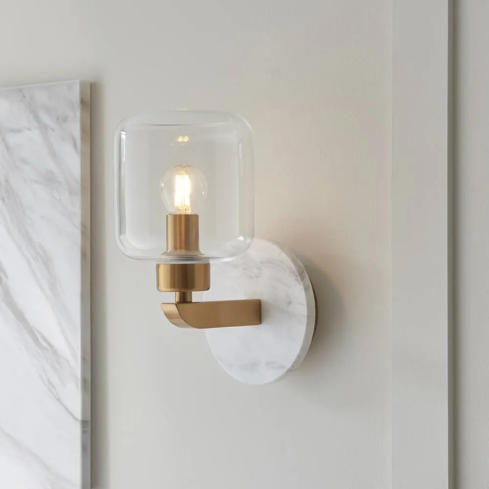 Netlighting Travi Wall Lamp White Volakas Marble Vintage Brass & Clear Glass E14 2