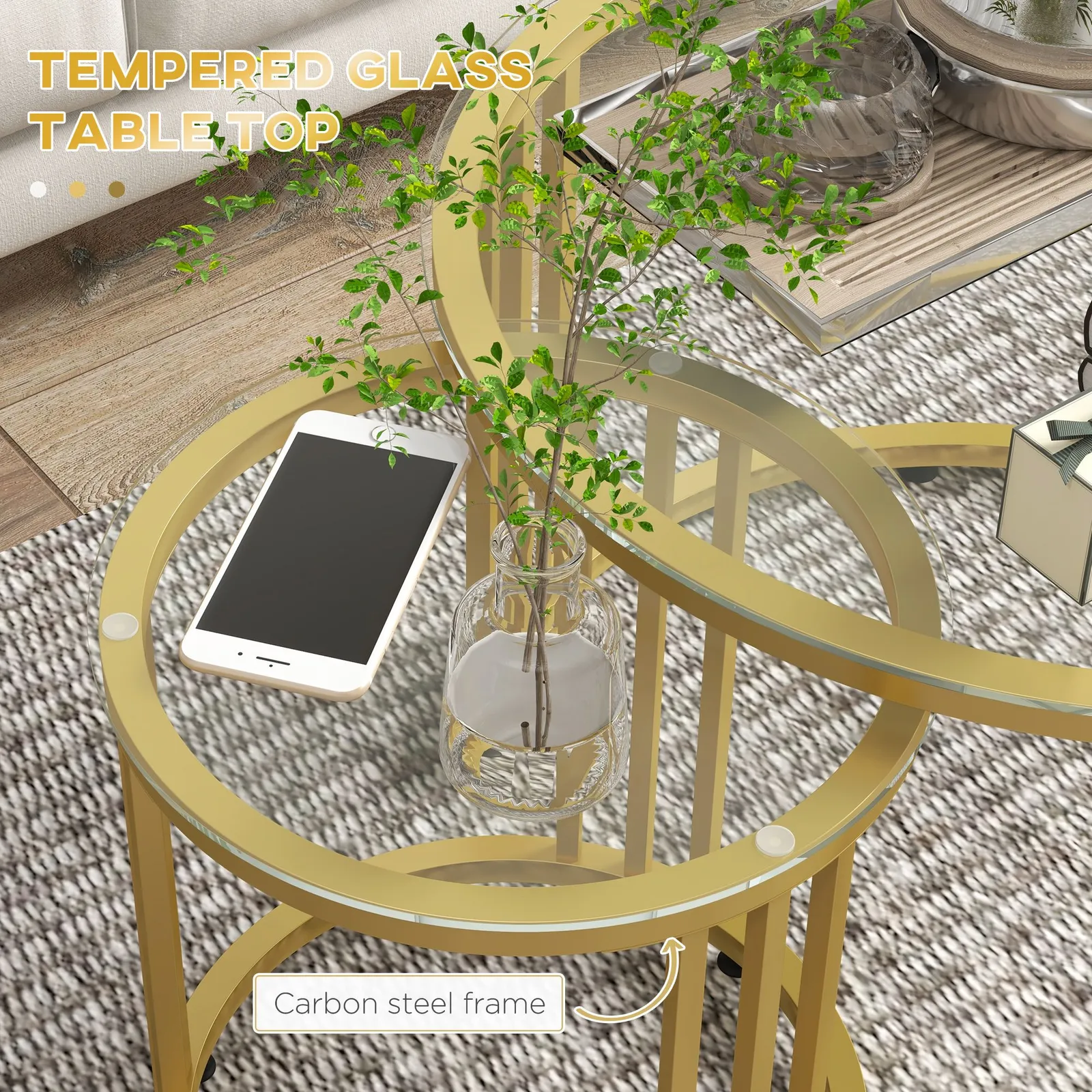 HOMCOM Set of 2 Nest of Tables Round Coffee Tables with Tempered Glass Top in Gold 6