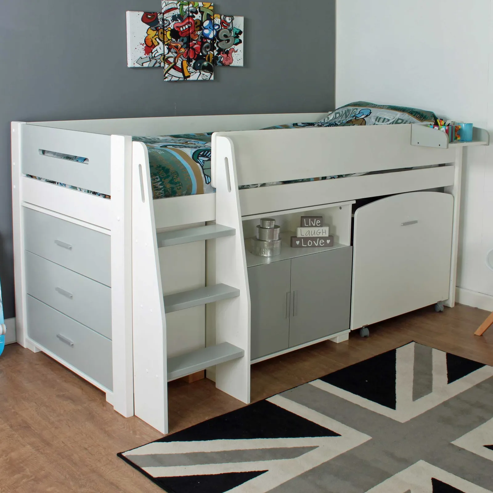 Urban Grey Childrens Midsleeper Bed with pull out Desk, Chest and Cupboard
