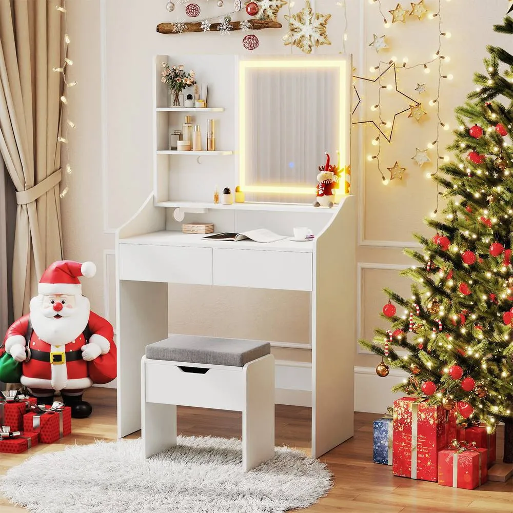 Costway Wooden Vanity Desk Set w/ Mirror & Lights Makeup Table w/Storage Stool in White 6