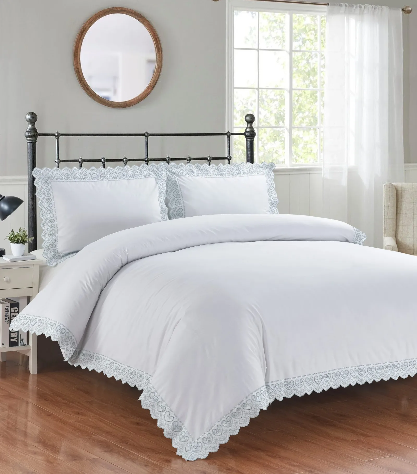Rapport Home Elise Embroidered Floral Polyester Duvet Cover Set with Pillowcase in White