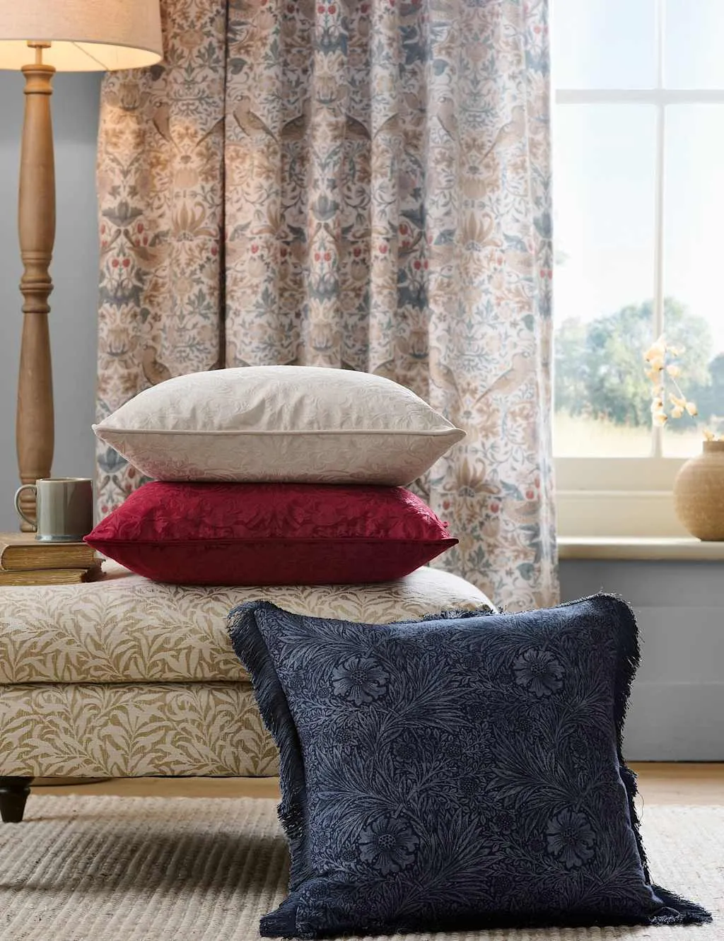 William Morris At Home Pure Cotton Marigold Cushion Blue Mix