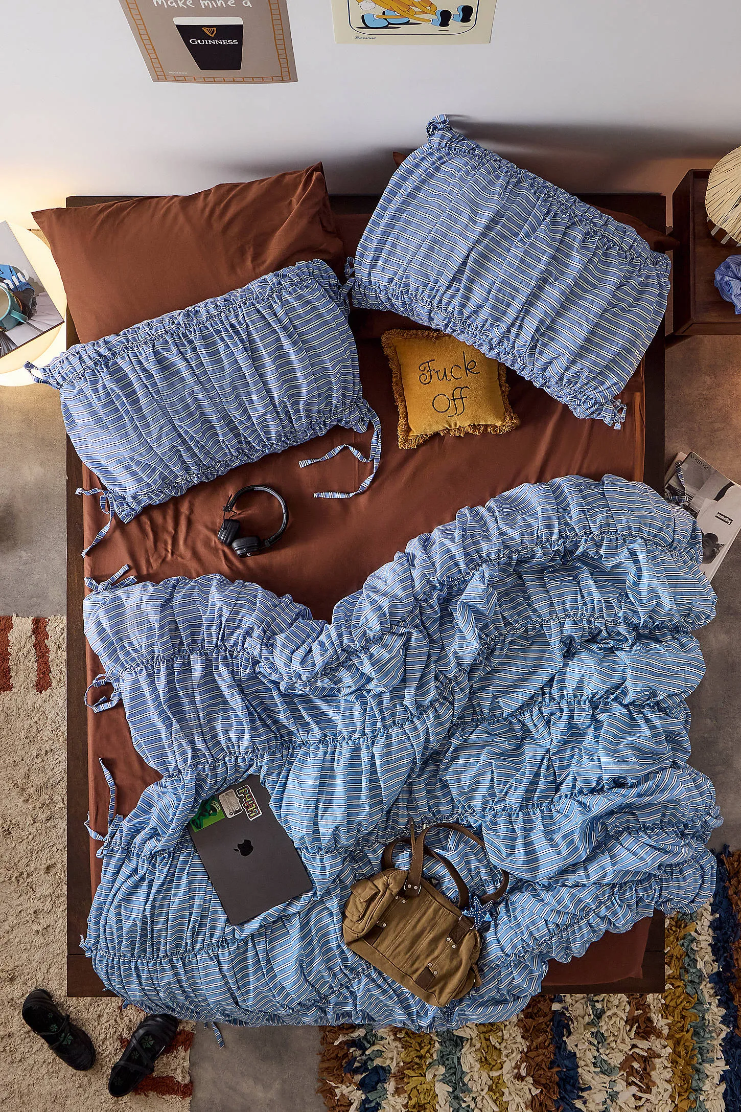 Blue Shirt Stripe Cinched Duvet Set - Blue 2