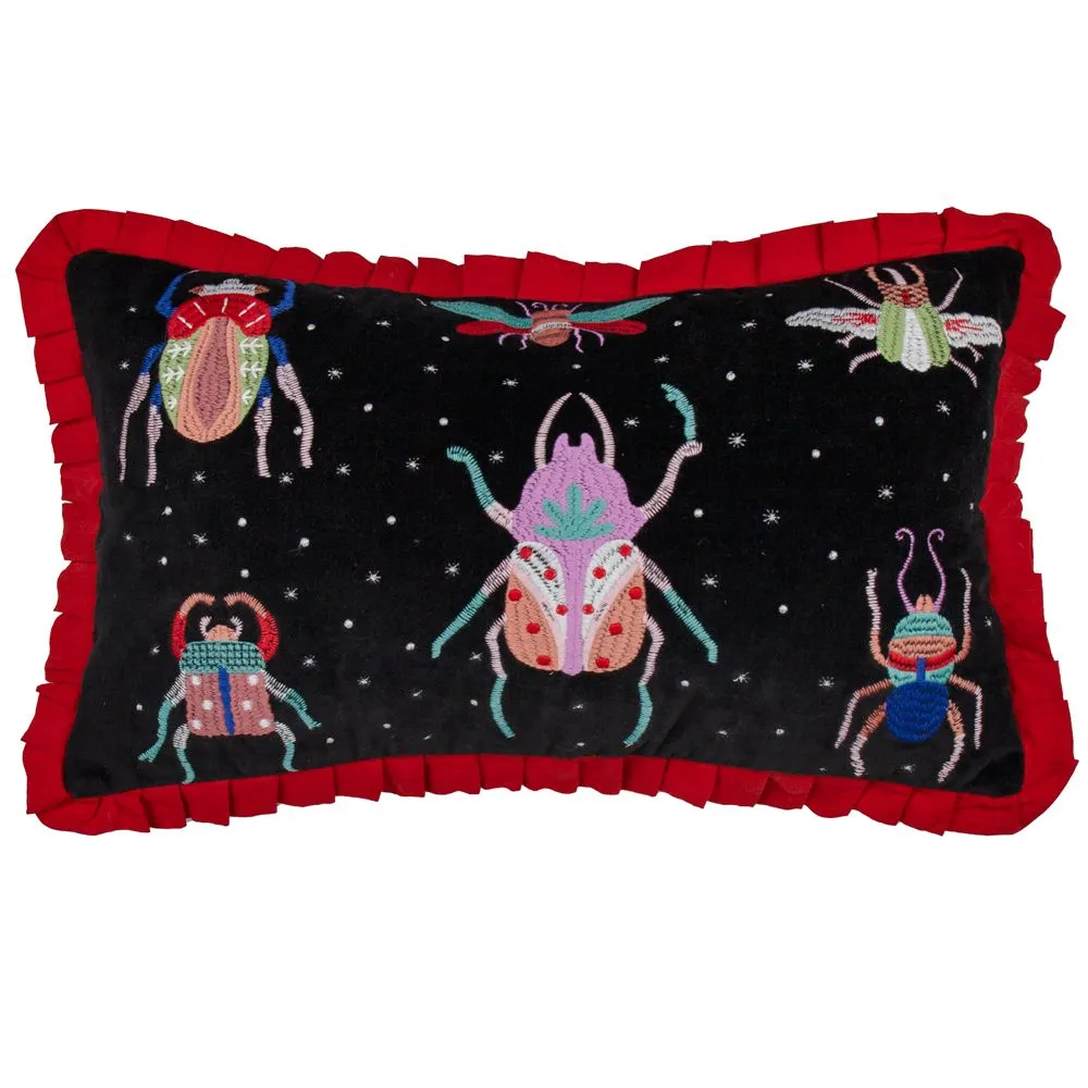 Wylder Tropics Darkling Beetles Embroidered Velvet Cushion in Black