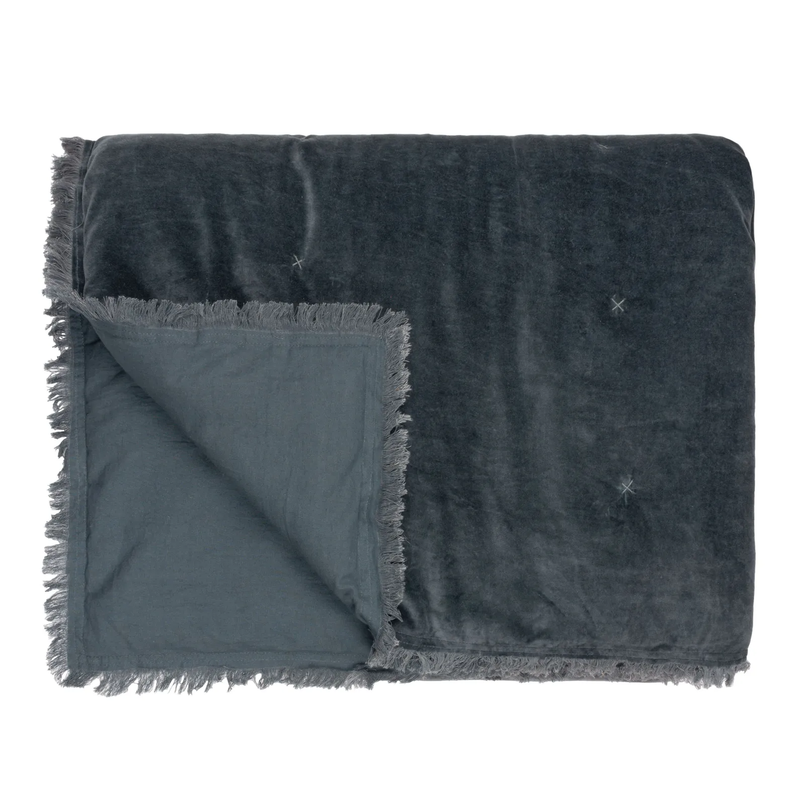Yard Jaye Fringed Cotton Velvet Bedspread in Dark Blue 2