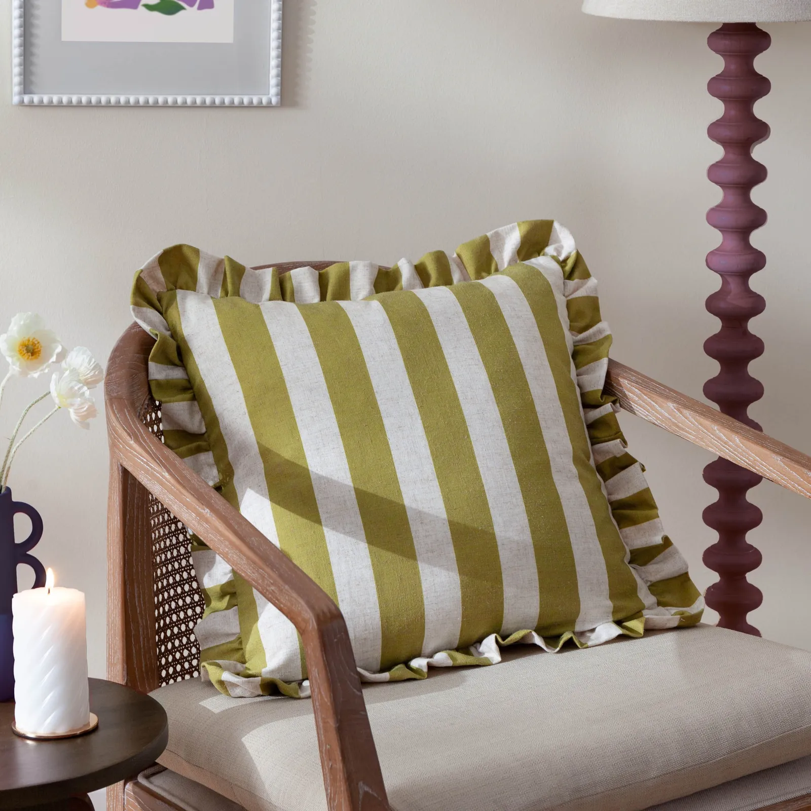 Furn Linen Stripe Printed Ruffle Cushion in Olive
