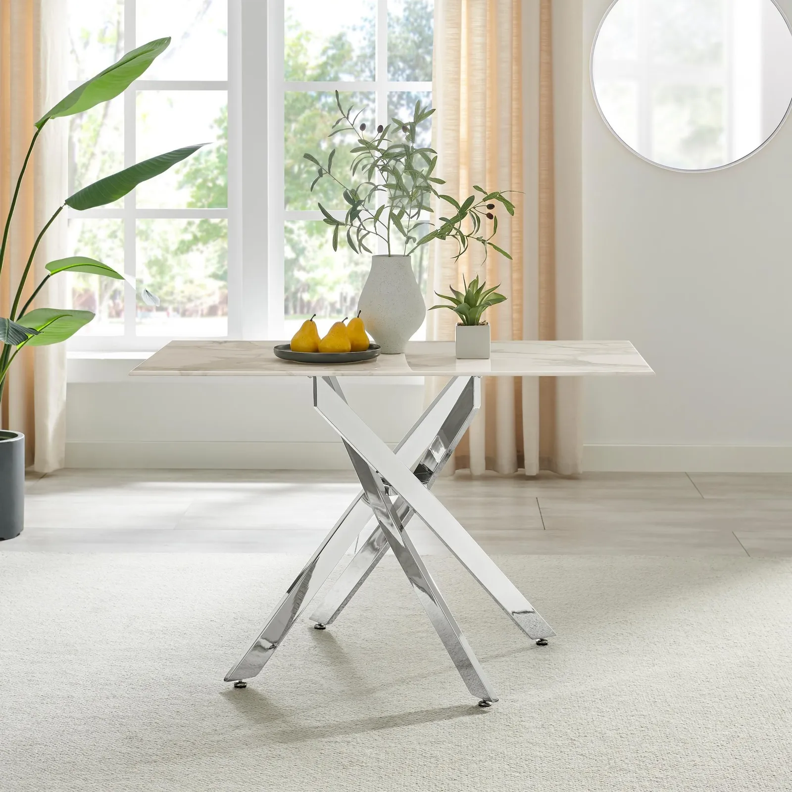 FurnitureboxUK Leonardo 4-Seater Dining Table With Marble Effect Glass Top & Silver Metal Legs in White 1
