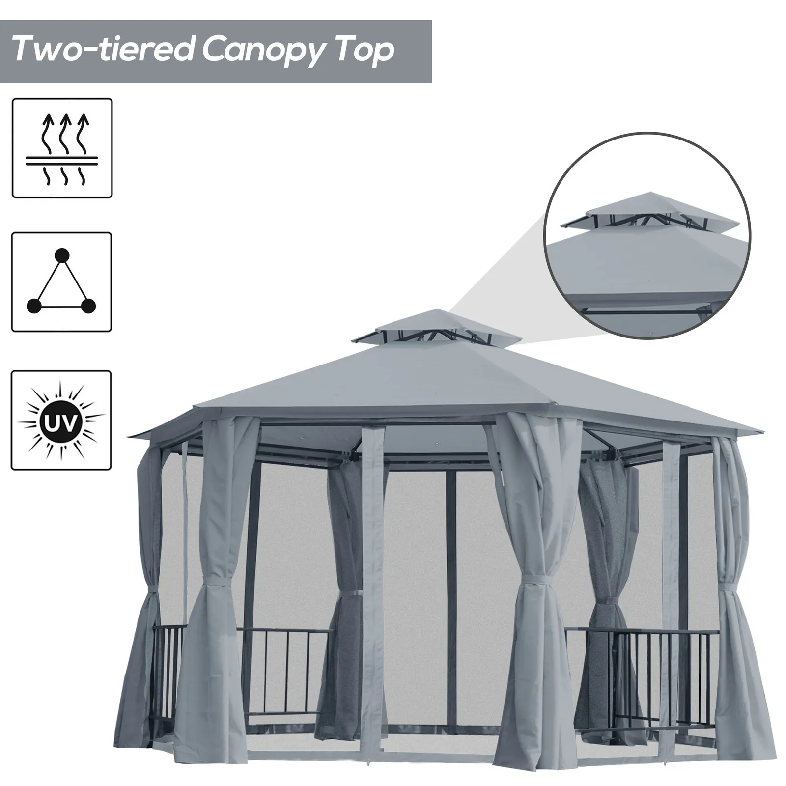 OUTSUNNY Gazebo Canopy 2 Tier Patio Shelter Steel for Garden in Grey 4