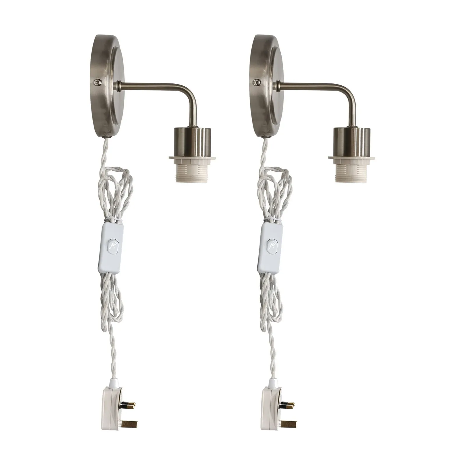First Choice Lighting Set of 2 Toby -Satin Nickel Plug in Wall Light Fittings Only in Silver