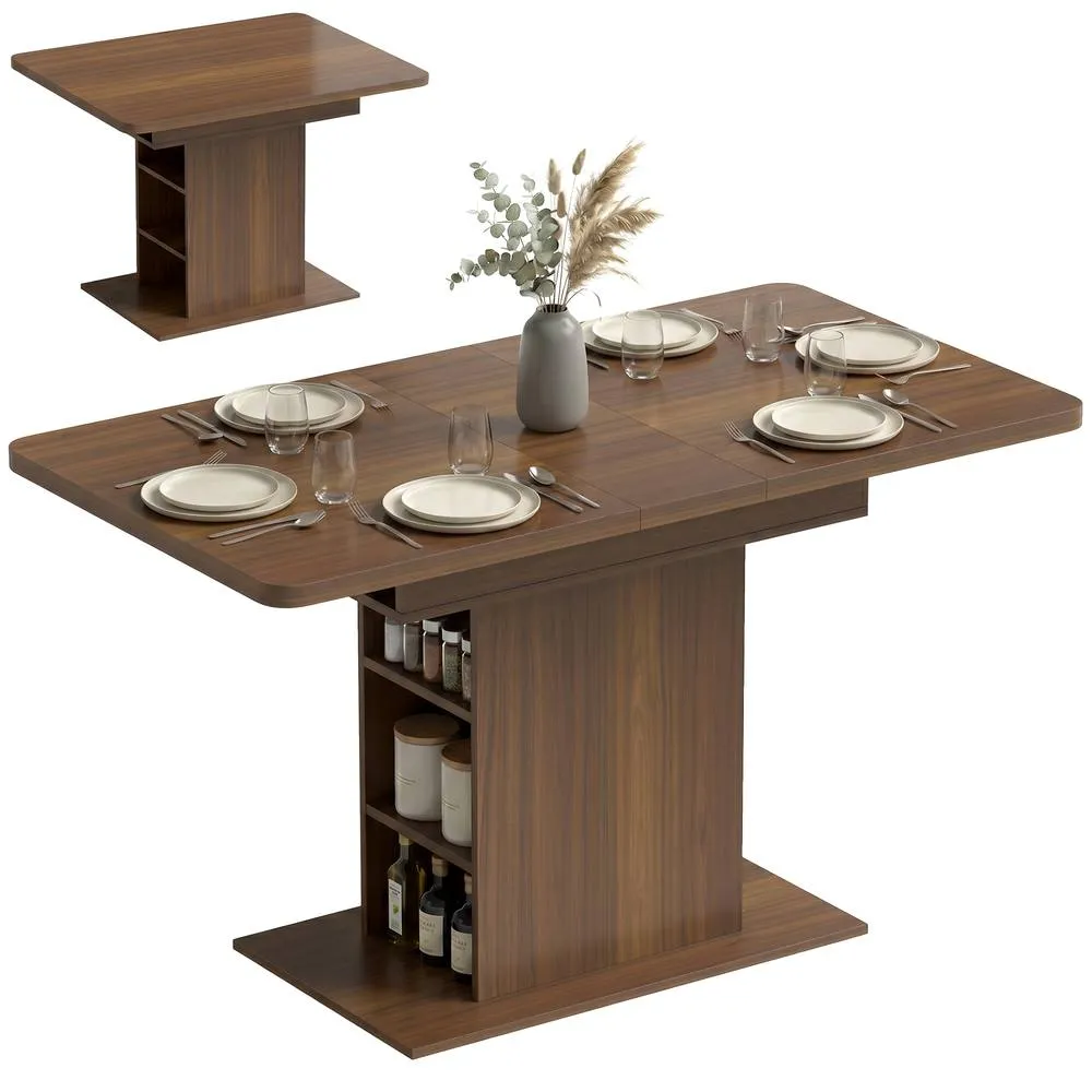 HOMCOM Extendable Dining Table for 4-6, Kitchen Table with Shelves, Walnut in Brown 2