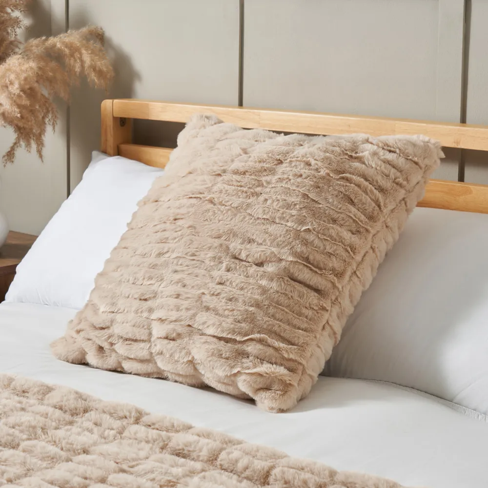 Ruched Faux Fur Cushion, Tan