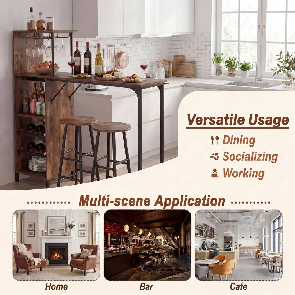 Costway 3PCS Bar Table & Chair Set Pub Table & Stools with Wine Glass Holders in Brown 6