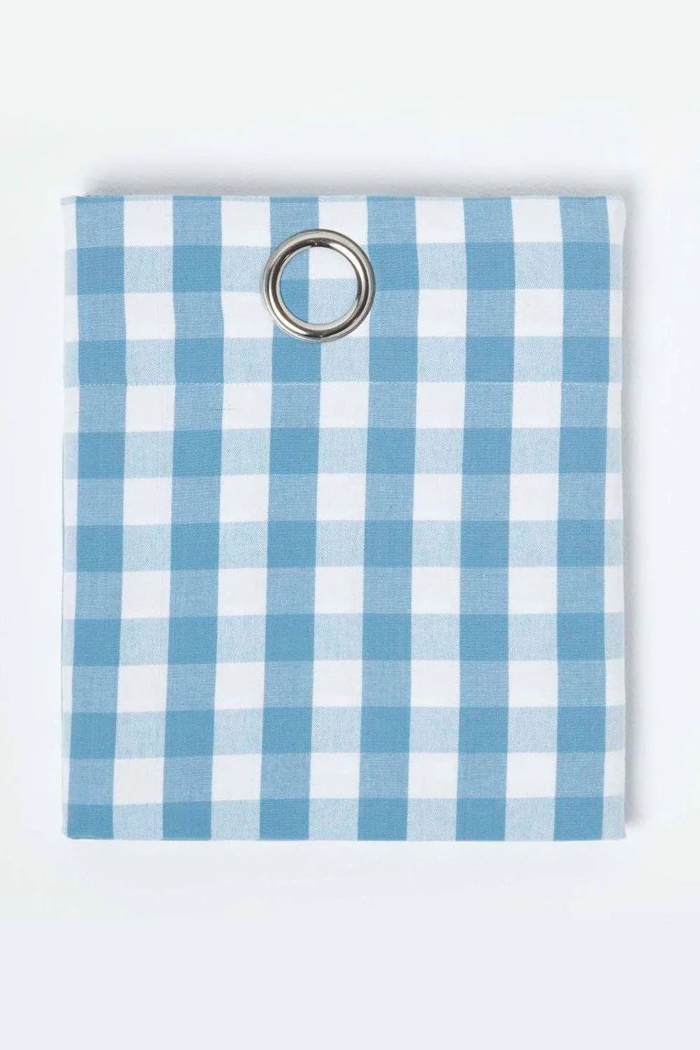 Homescapes Cotton Block Check Gingham Eyelet Curtain Pair in Blue 3