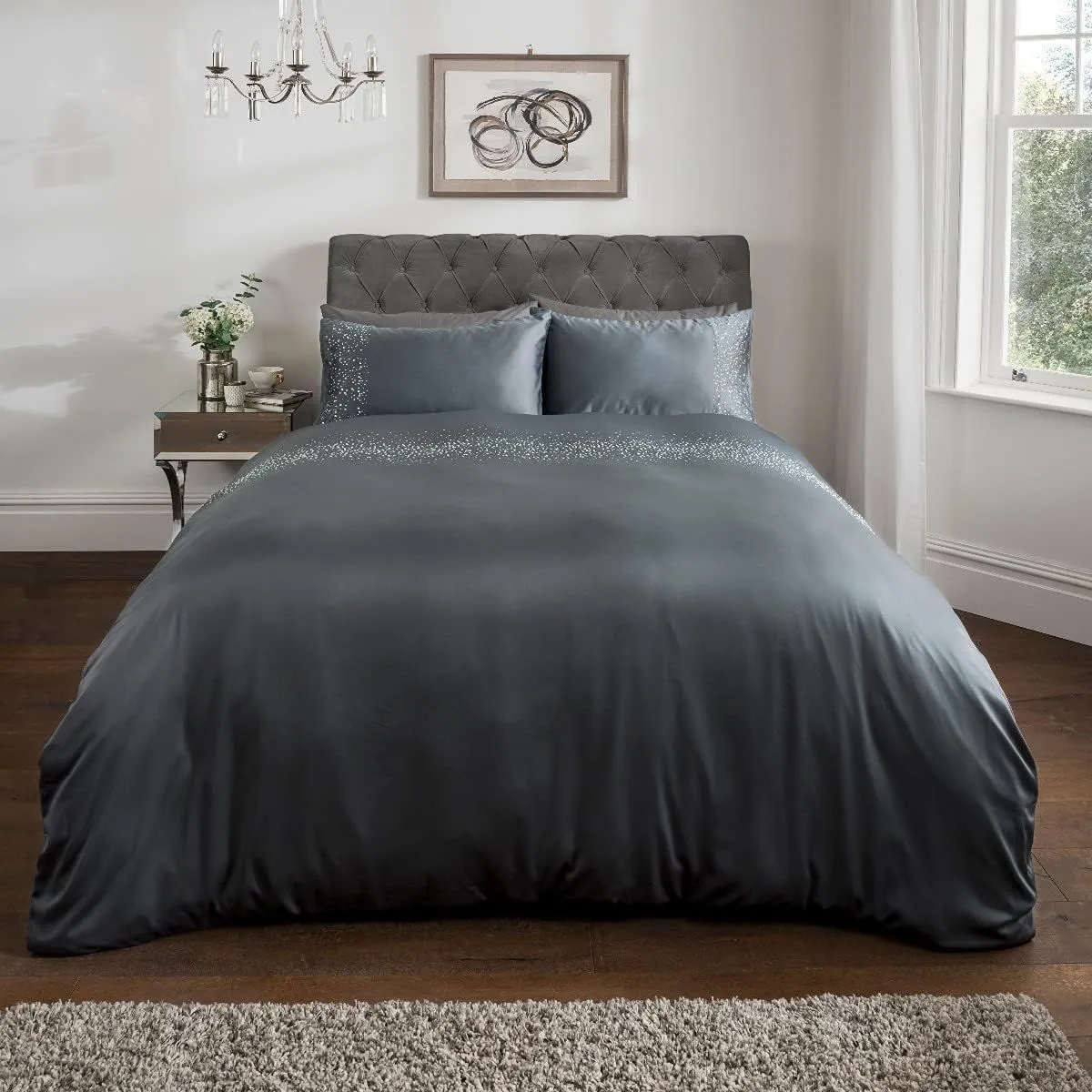 Smart Living Luxury Hotel Quality Diamonte Embellished Duvet Cover with Pillowcases in Charcoal