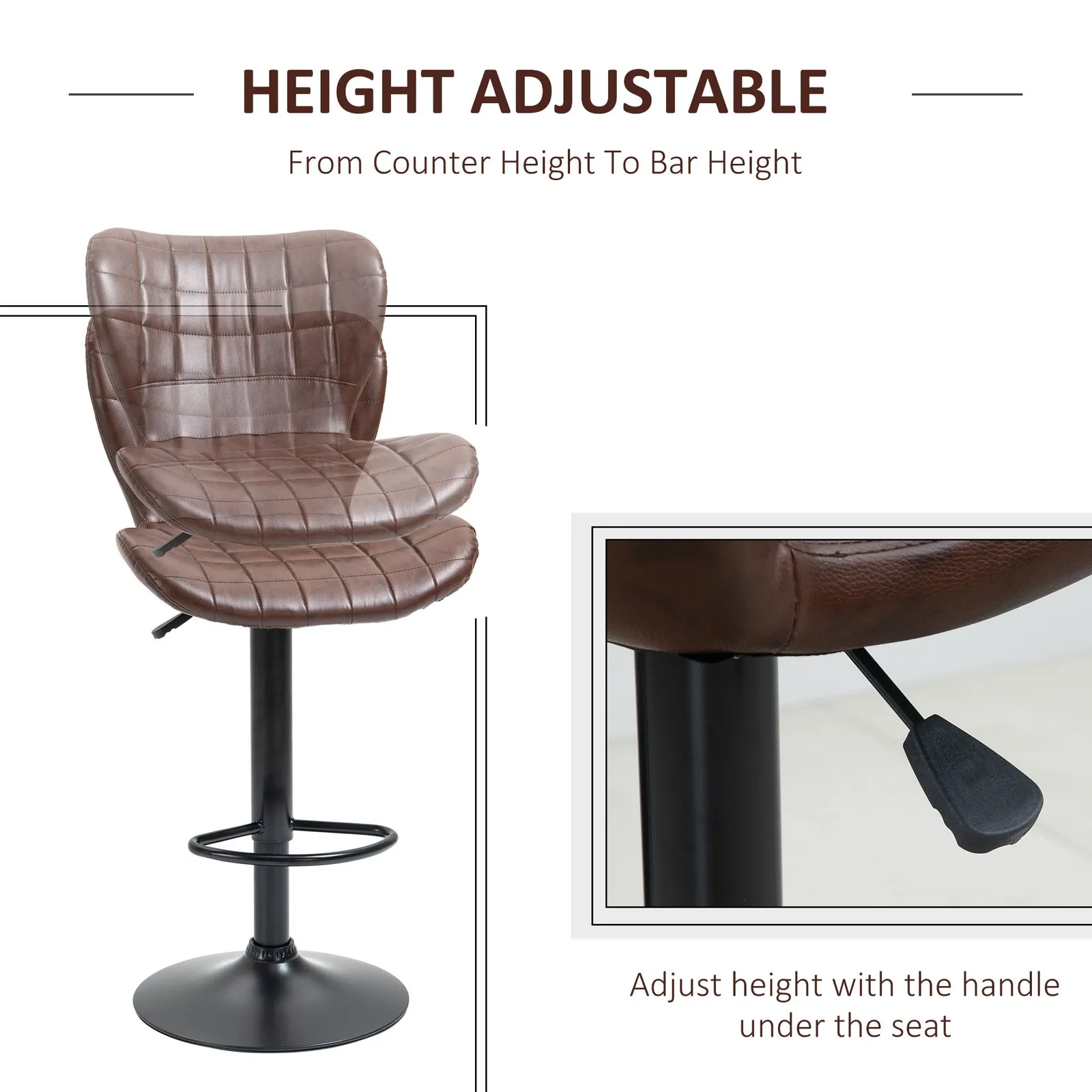 HOMCOM Stools Set of 2 PU Leather Adjustable Height Swivel Bar Chairs w/ Footrest in Brown 4