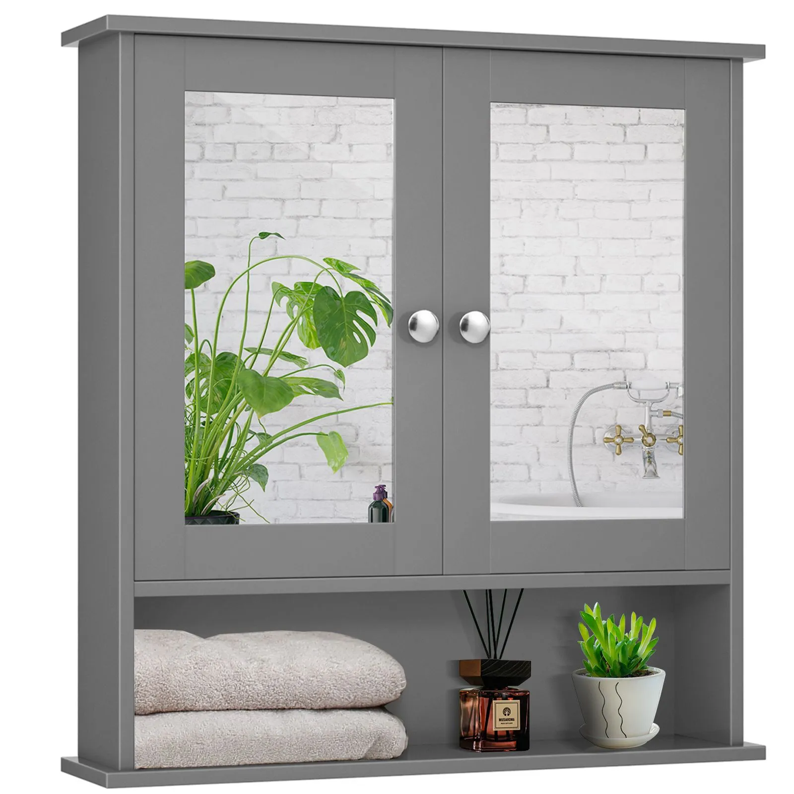 Costway Wall Mounted Bathroom Mirror Cabinet Wooden Storage Cupboard Medicine Organizer in Grey
