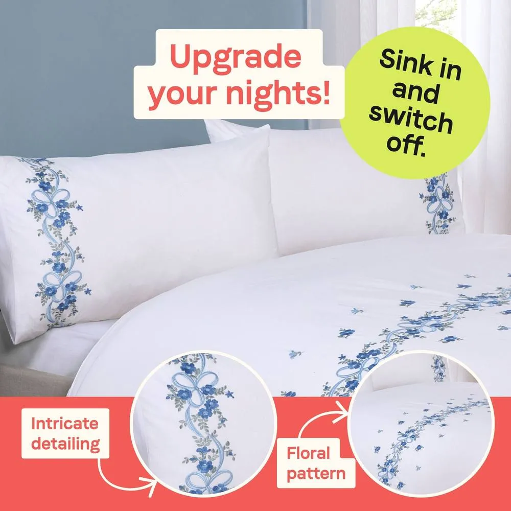 Rapport Home Floral Ribbon Polycotton Duvet Cover Bedding Set With Pillowcase in White 2