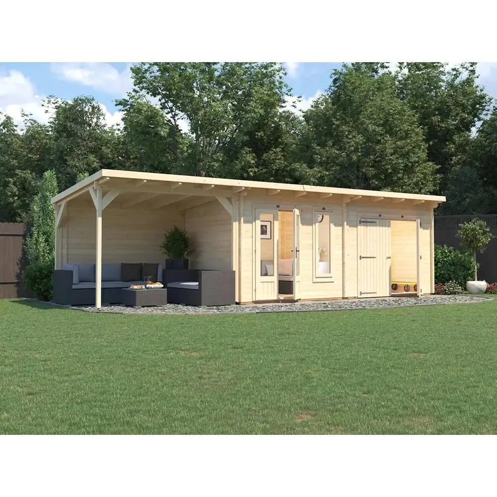 Dunster House Wooden Log Cabin With Gazebo 9.0m x 2.5m, EvilGenius in Beige 2