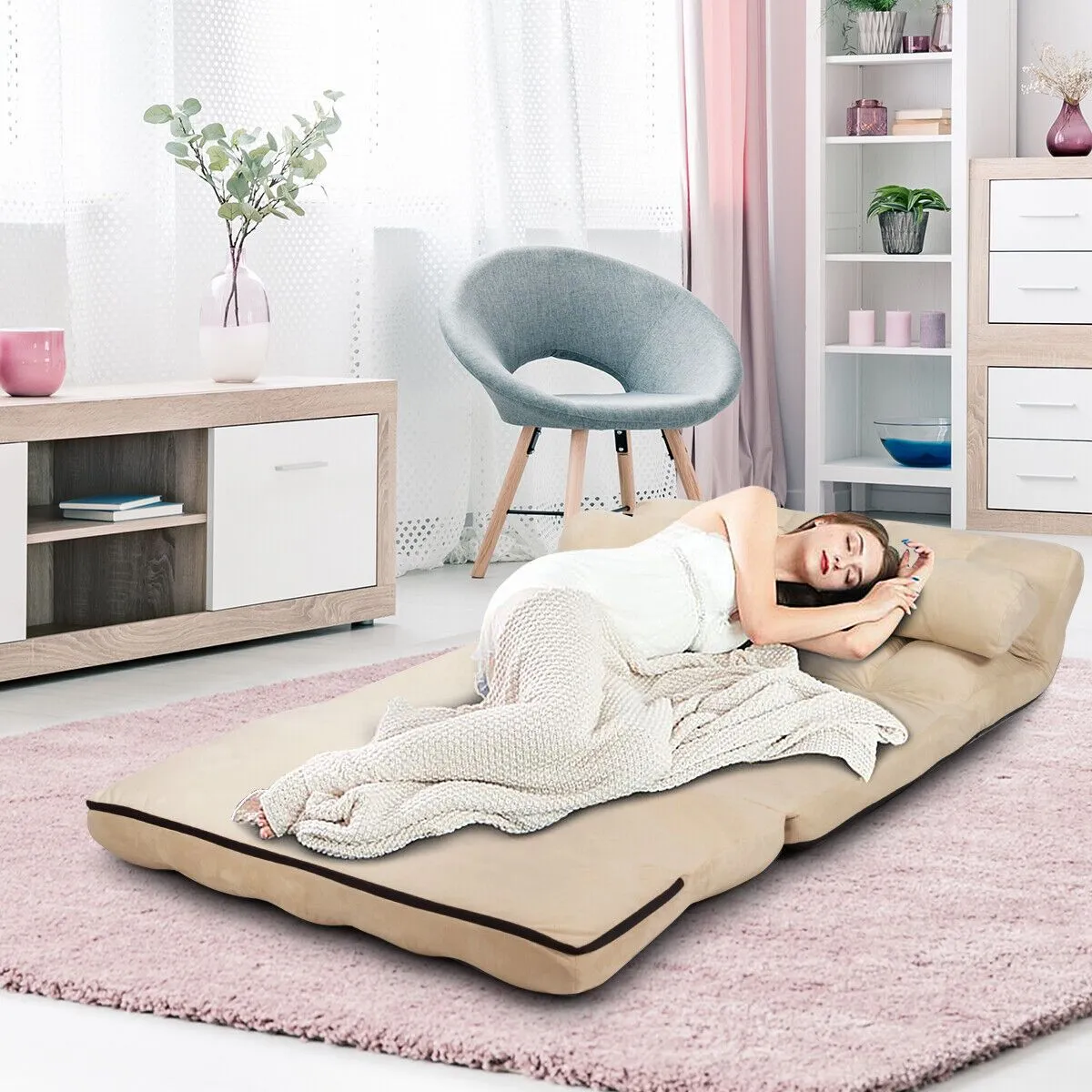 Costway 3 IN 1 Folding Lazy Sofa Bed Floor Sleeper Seat 6-Position Adjustable 2 Pillows in Beige 4