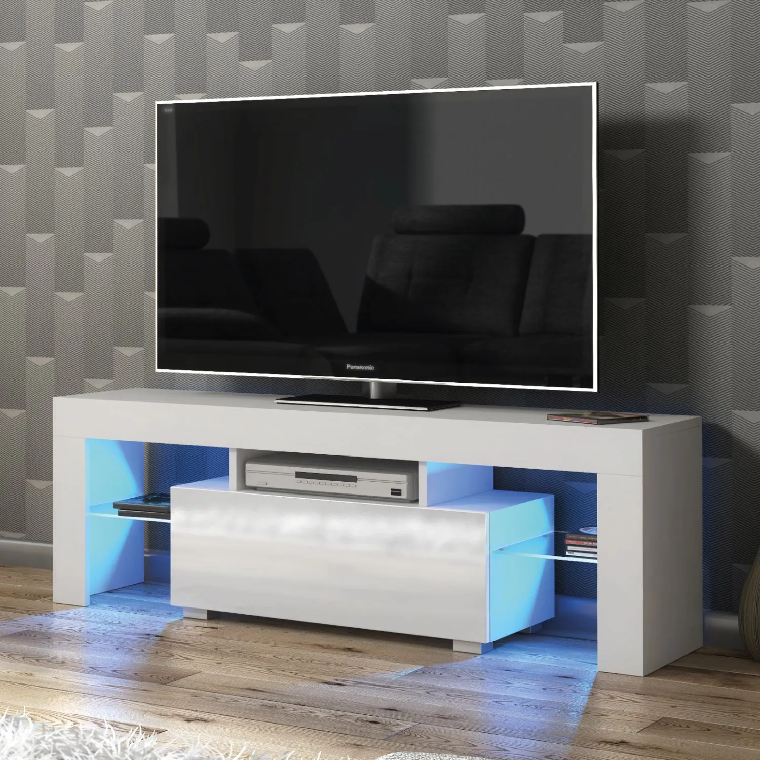Creative Furniture Floe TV Unit 130cm - A Sleek & Elegant Cabinet with Gloss Doors & LED Lights in White