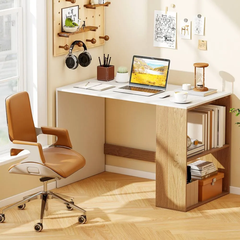 Costway Modern Wooden Office Desk with 2 Open Shelves in White 3