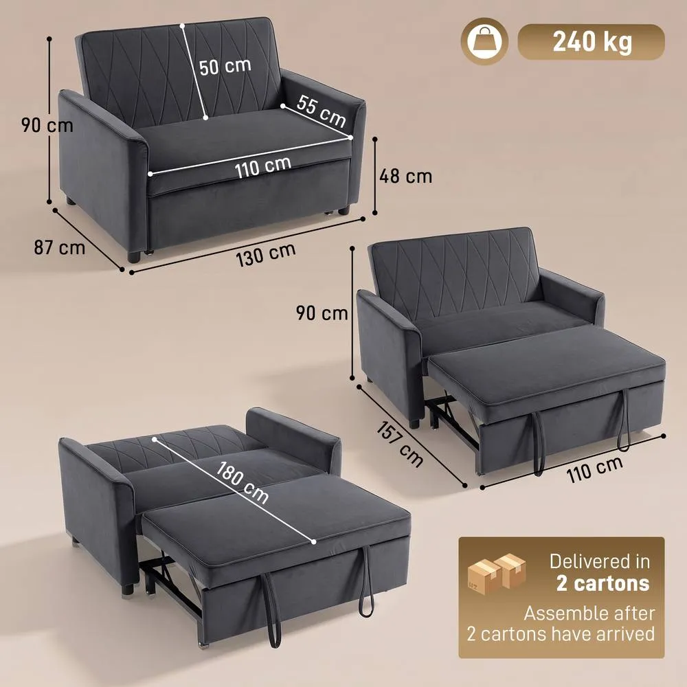 HOMCOM 2 Seater Sofa Bed, 3-in-1 Velvet Pull Out Sleeper Sofa, Dark Grey 3
