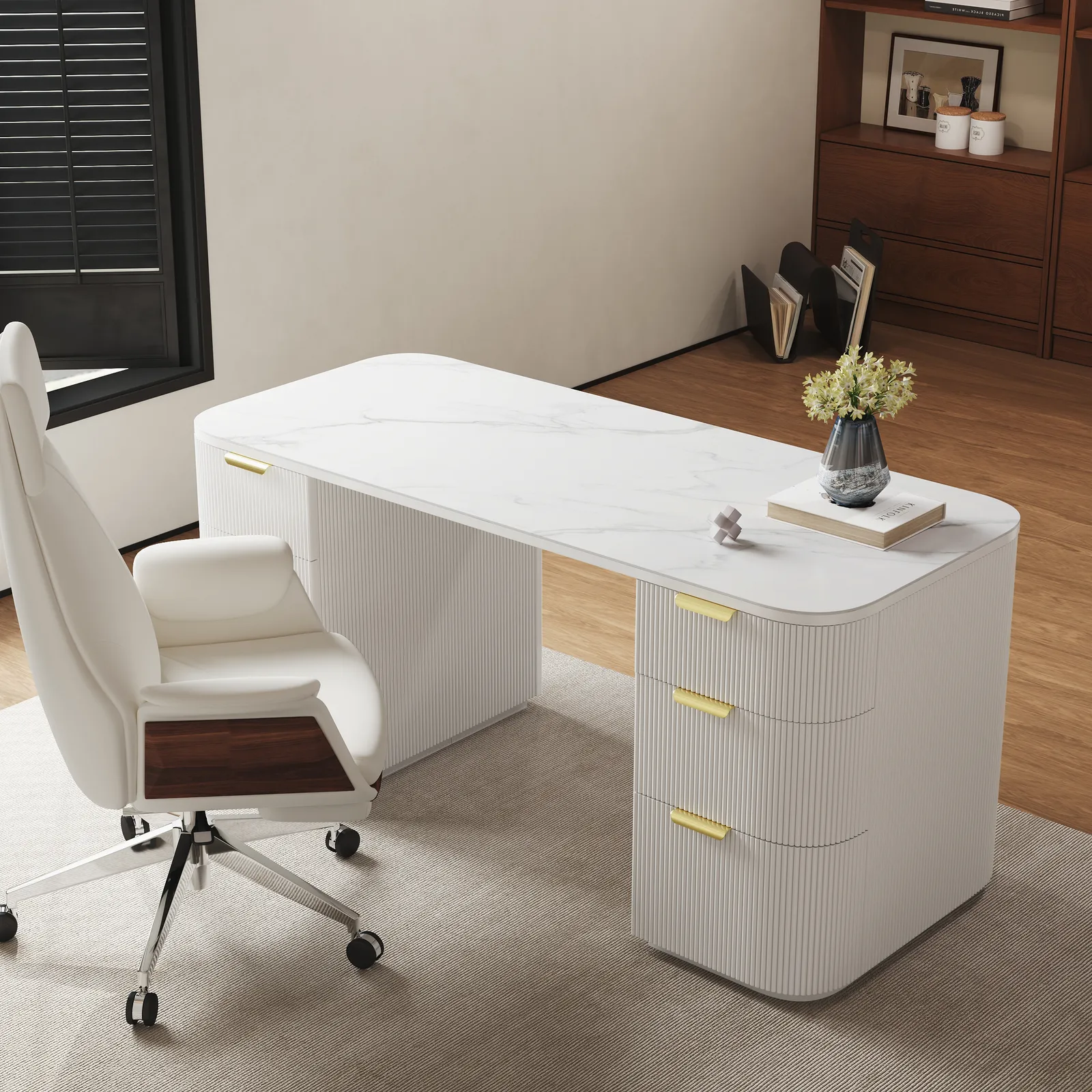 Modern White Ash Wood Rectangular Desk & Reclining Leather Office Desk Chair (63.8")