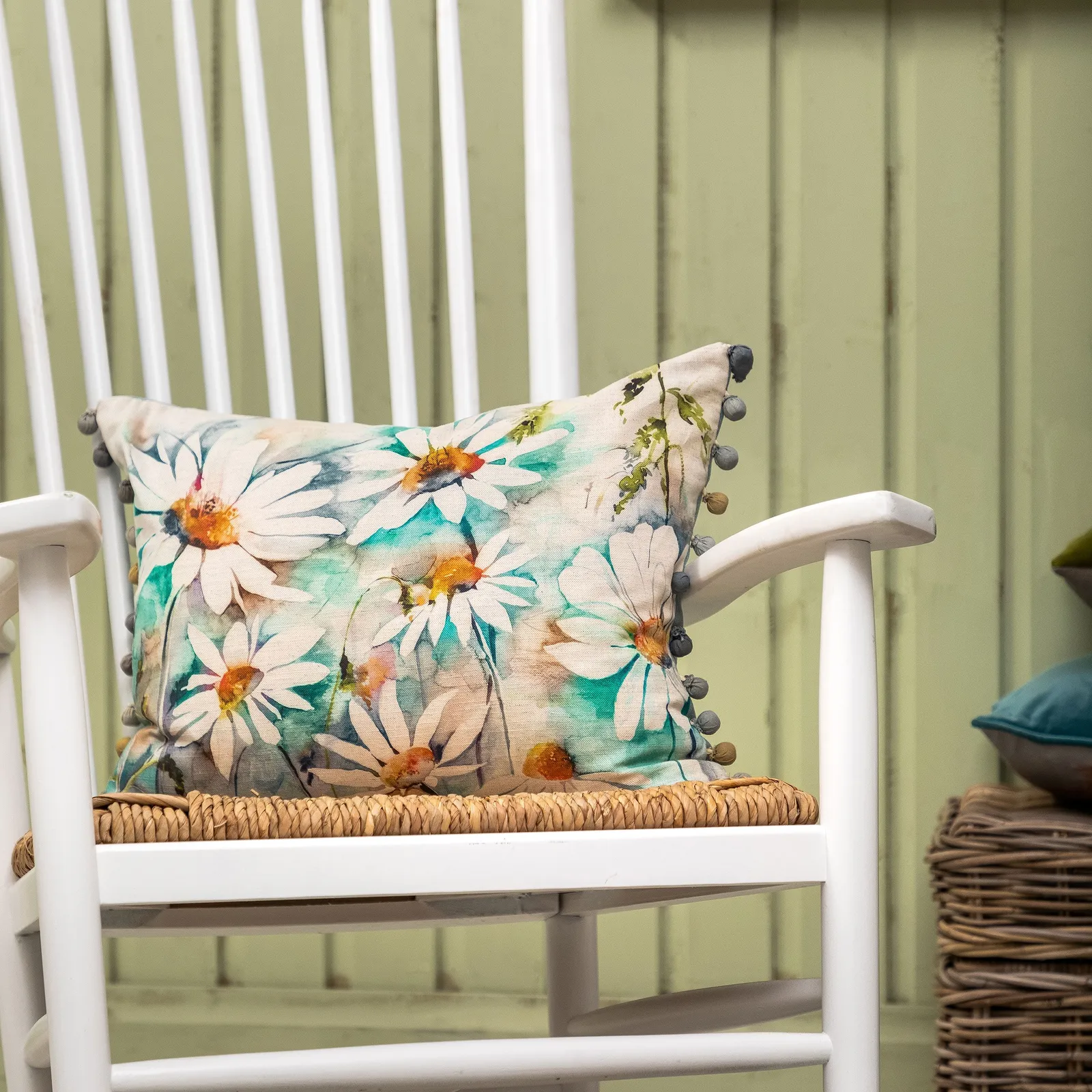 Voyage Maison Prairie Floral Pom-Pom Cushion in Blue