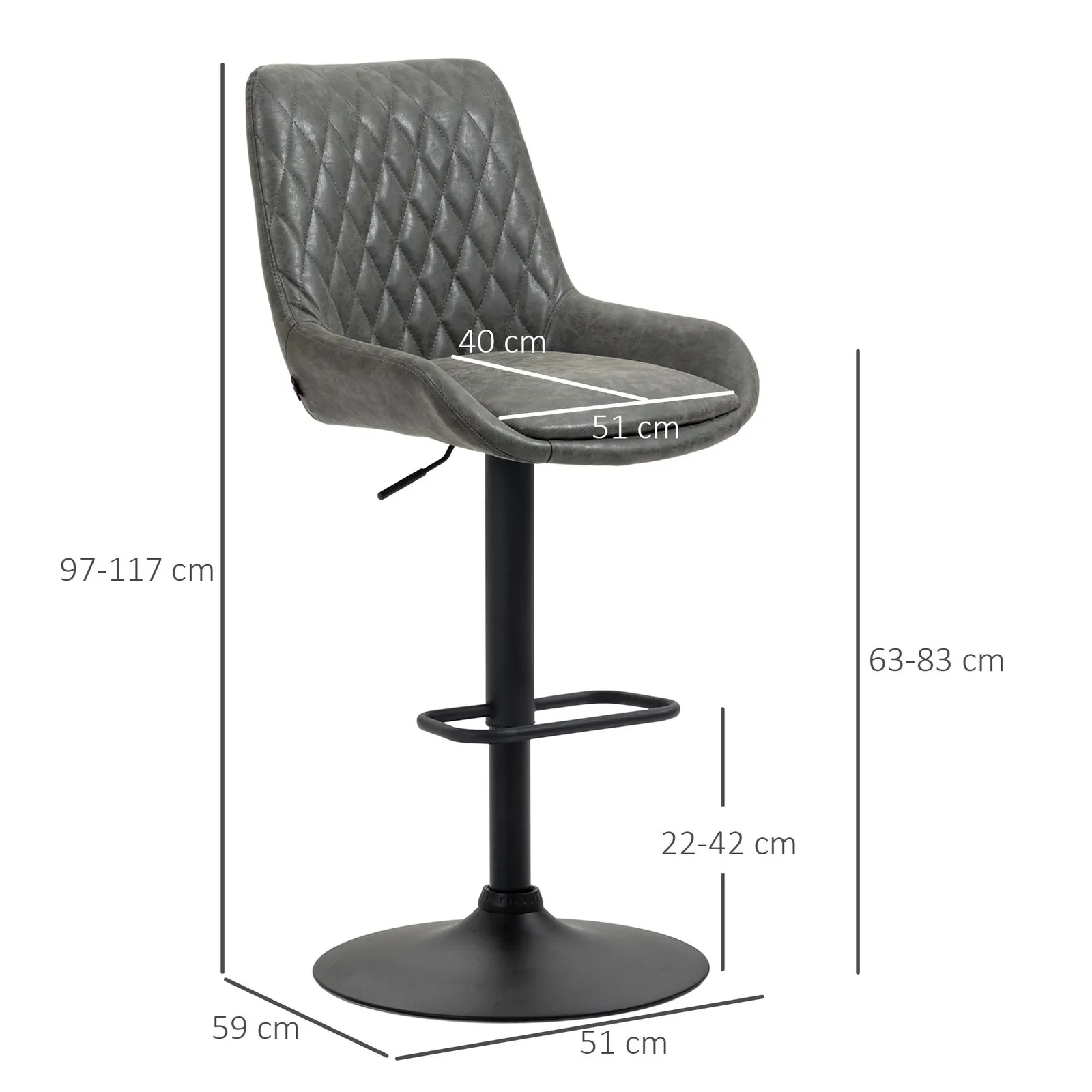 HOMCOM PU Leather Padded Bar Stools Set of 2 with Metal Base in Grey 3