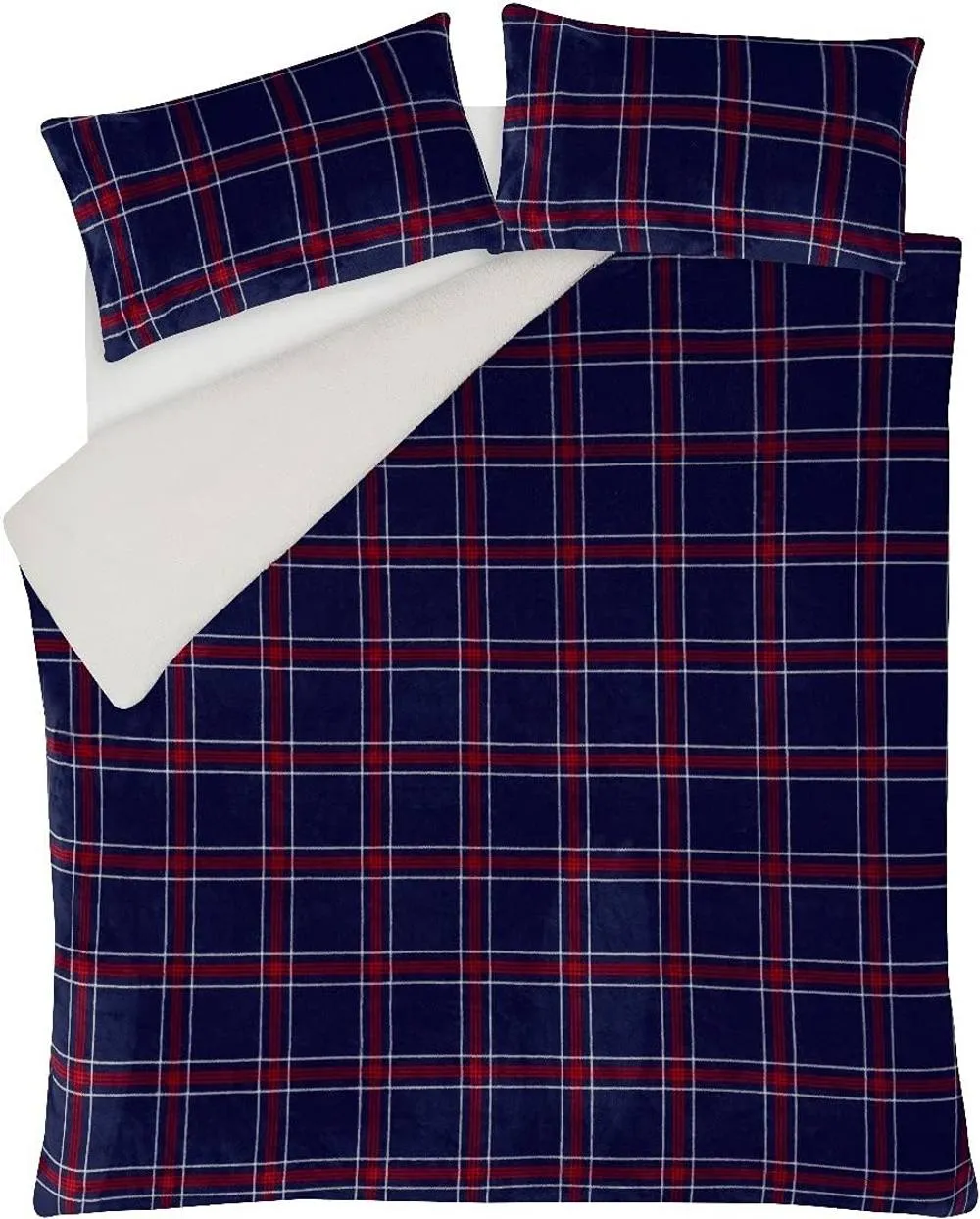 Smart Living Luxury Check Printed Flannel Fleece Duvet Cover with Pillowcases in Navy 4