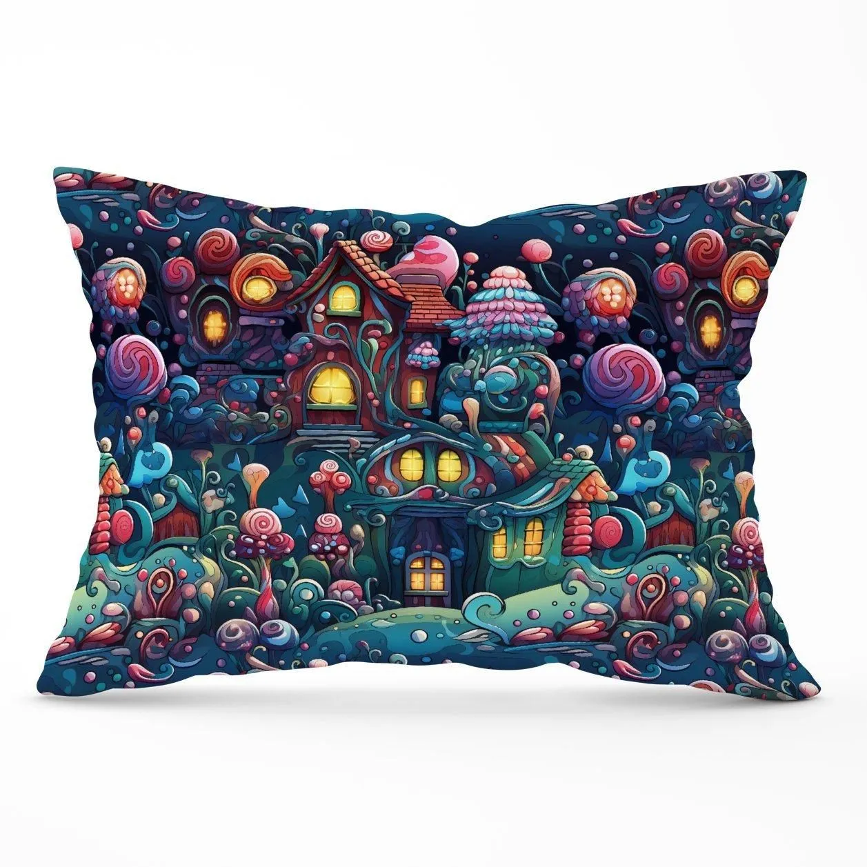 Warren Reed - Designer Whimsical Gingerbread House Pattern Cushions in Blue