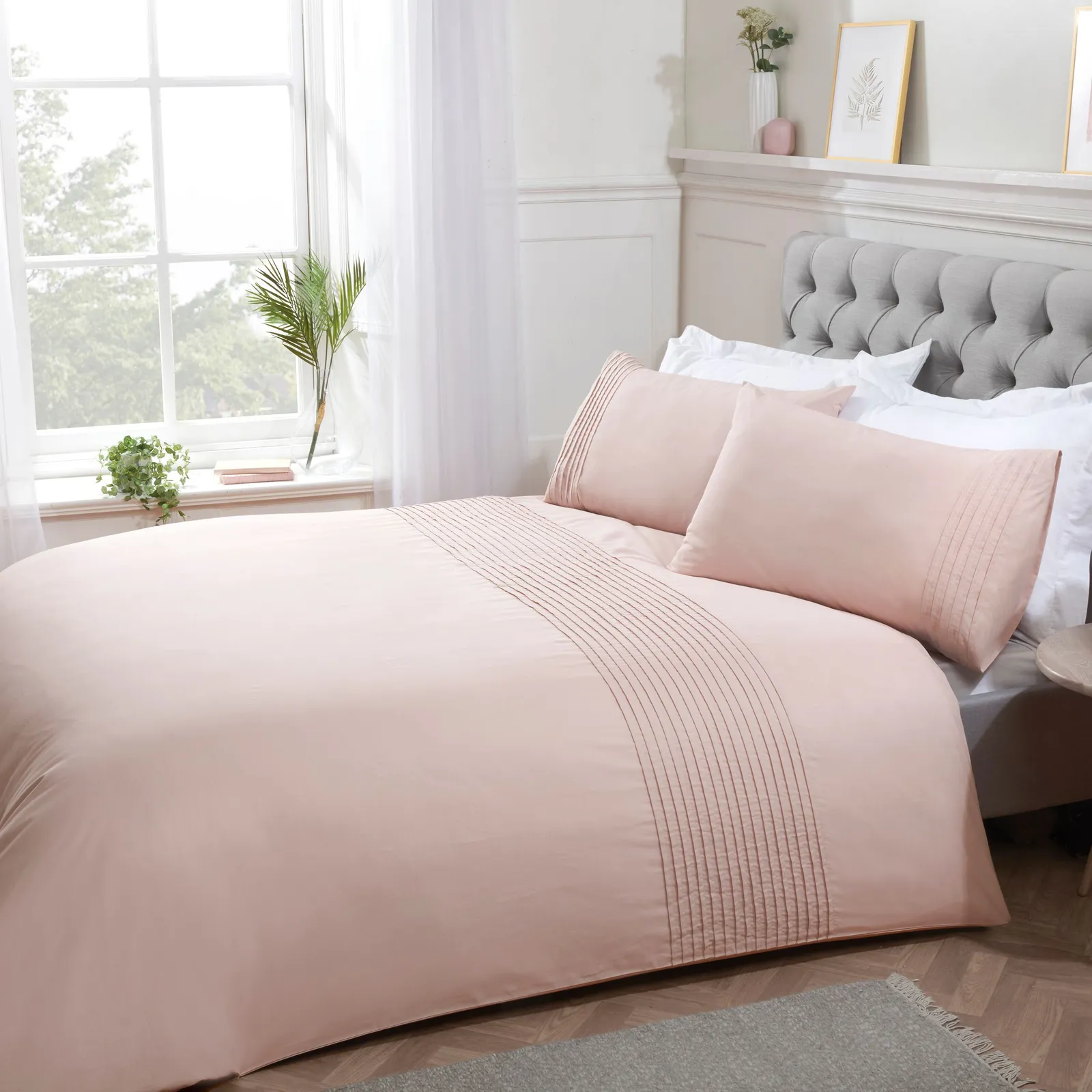 Smart Living Luxury Pintuck Pleated Striped Panel Duvet Cover With Pillowcases in Light Pink