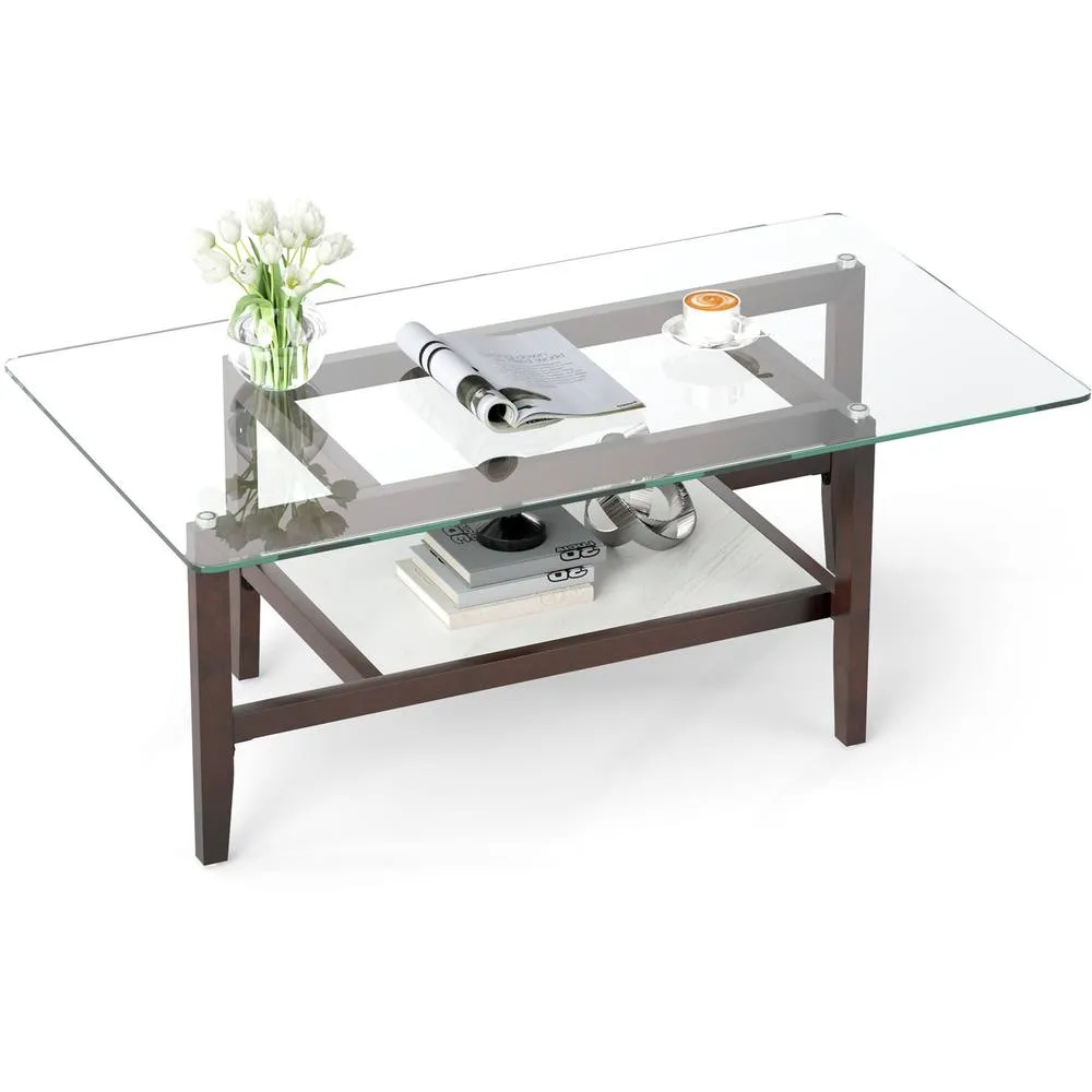 Costway Glass Coffee Table 2-Tier Coffee Table with Storage Shelf-Brown in Brown 6