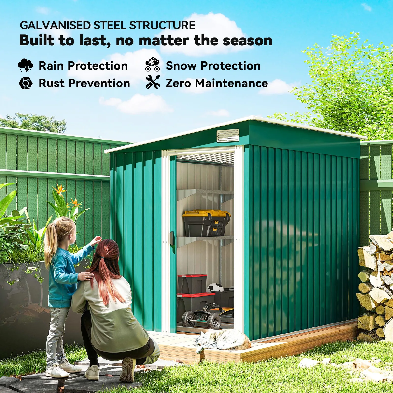 OUTSUNNY 7 x 5FT Garden Shed w/ Foundation Lean to Metal Tool Shed Green 4